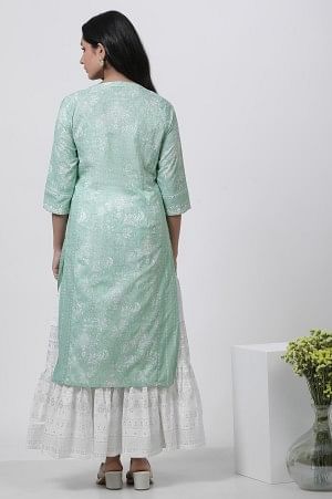 Light Green Floral Printed Kurta And Tiered Skirt - Image 4