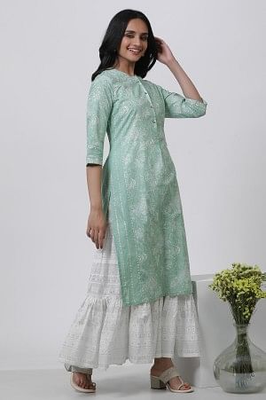 Light Green Floral Printed Kurta And Tiered Skirt - Image 5