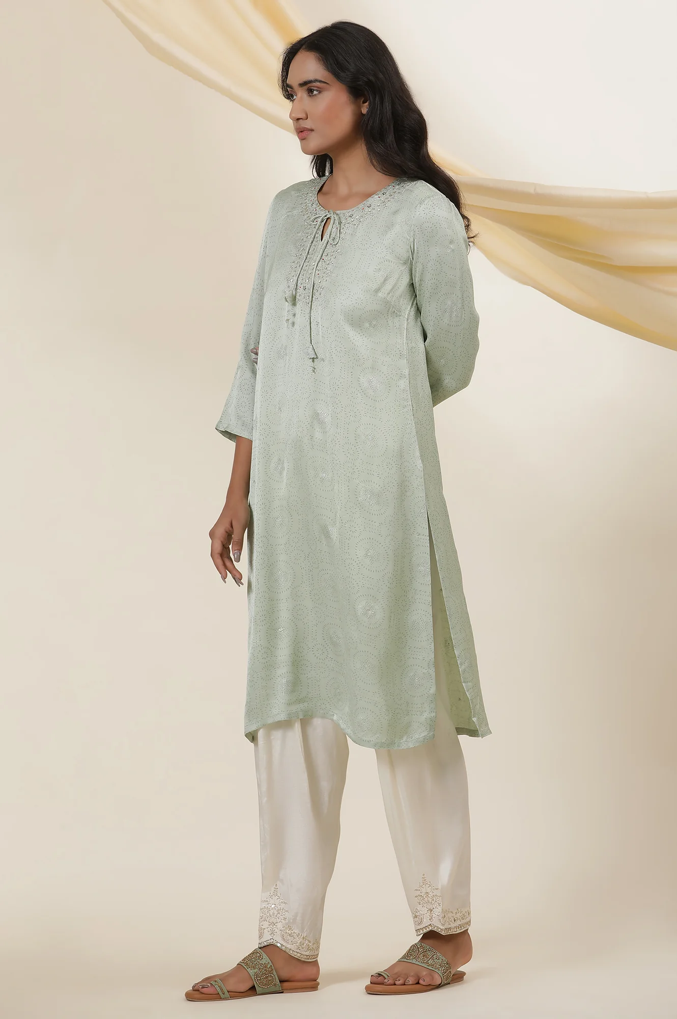 Light Green Rogan Block Printed Embroidered Kurta In Lustrous Satin - Image 3