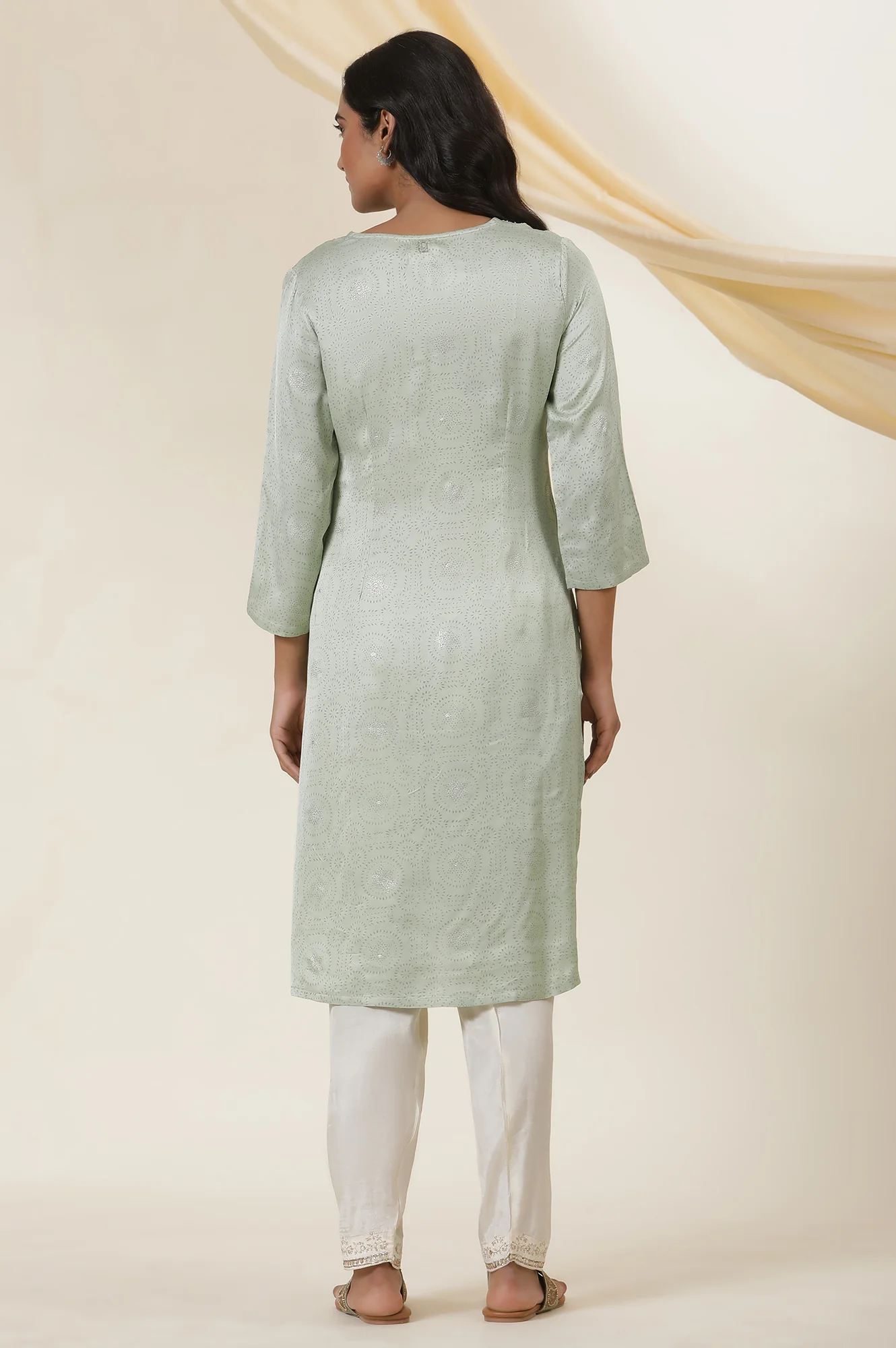 Light Green Rogan Block Printed Embroidered Kurta In Lustrous Satin - Image 4