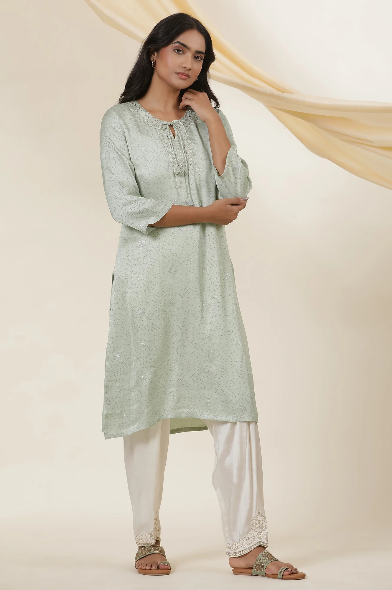 Light Green Rogan Block Printed Embroidered Kurta In Lustrous Satin - Image 5