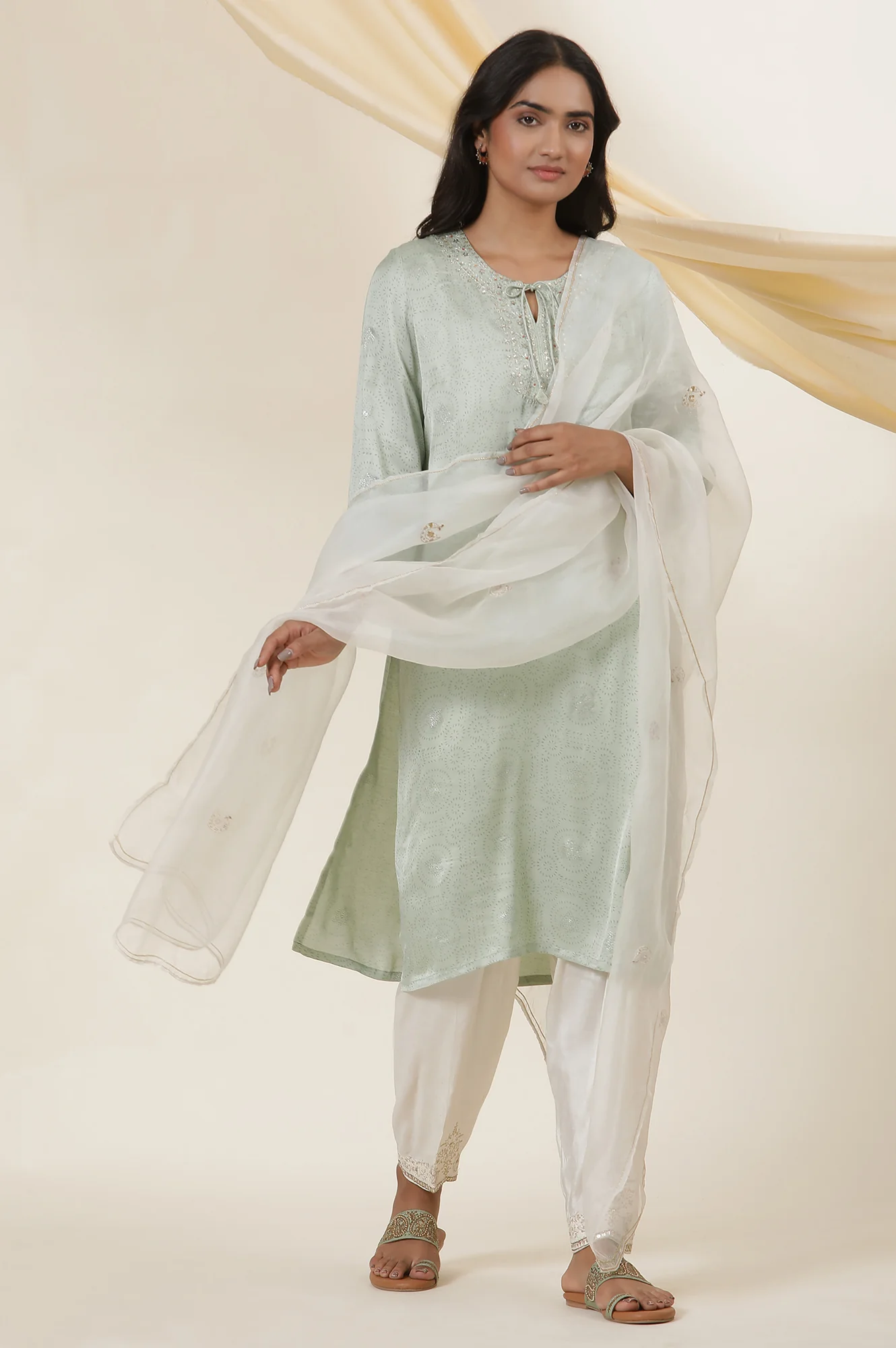 Light Green Rogan Block Printed Embroidered Kurta In Lustrous Satin - Image 6