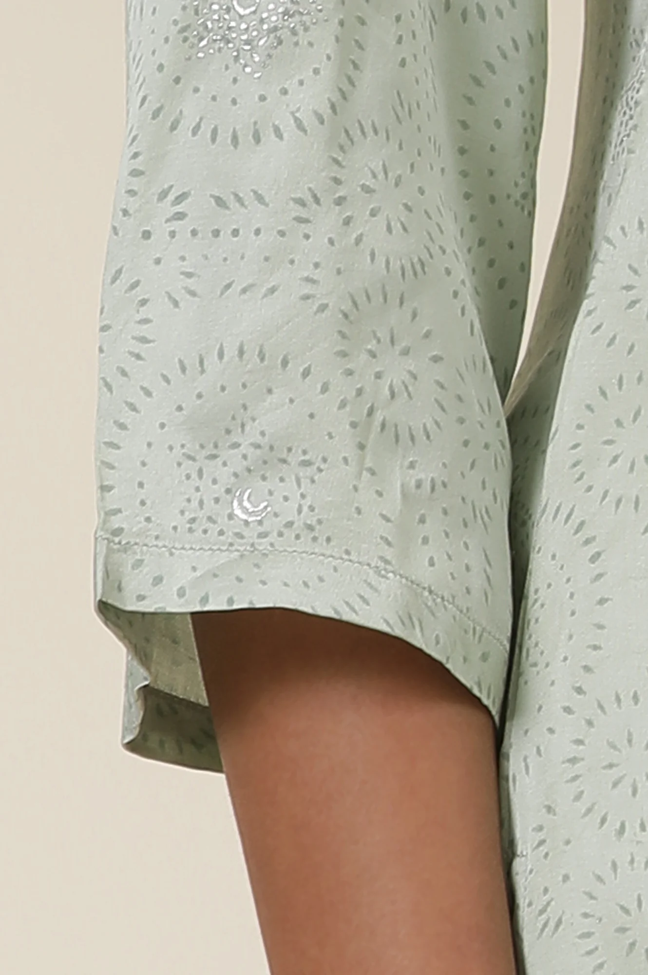 Light Green Rogan Block Printed Embroidered Kurta In Lustrous Satin - Image 8