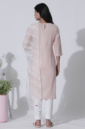 Light Pink Embroidered Cotton Lurex Kurta, Pants With Dupatta Set - Image 4