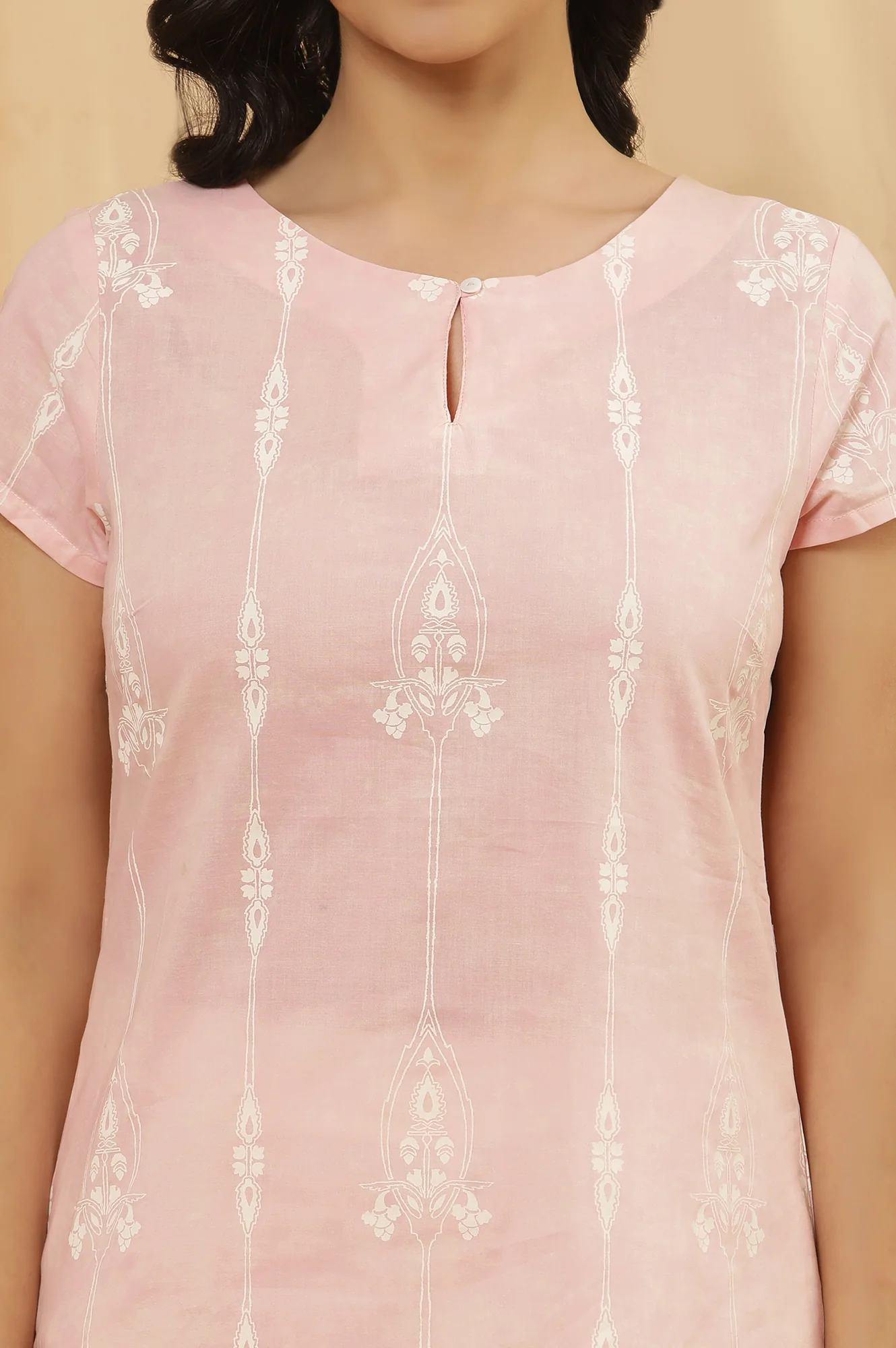 Light Pink Printed Straight Kurta And White Slim Pants - Image 6