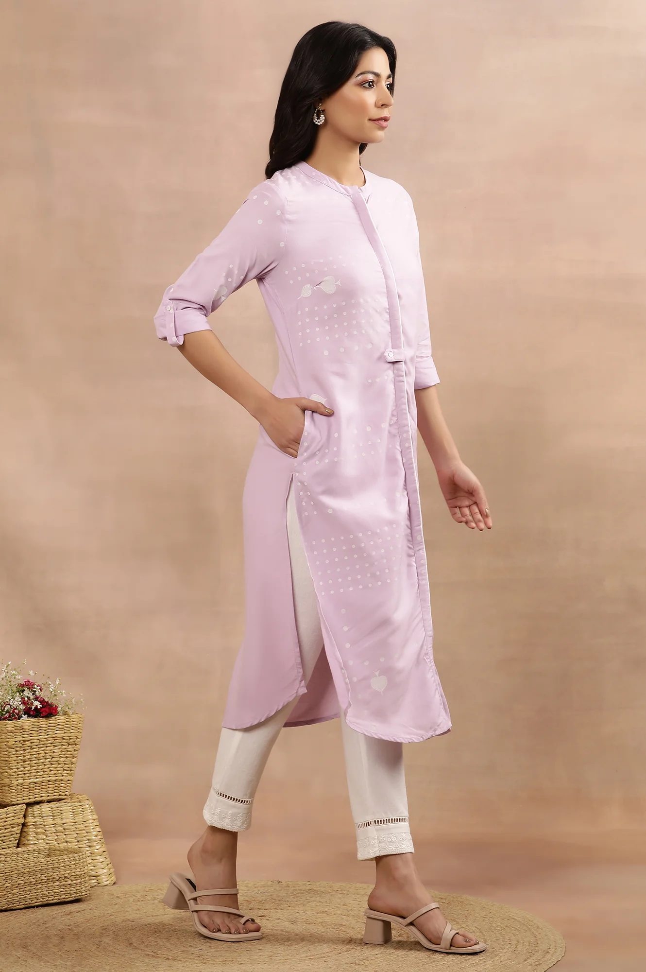 Light Purple Printed Casual Kurta, Pants And Dupatta Set - Image 5