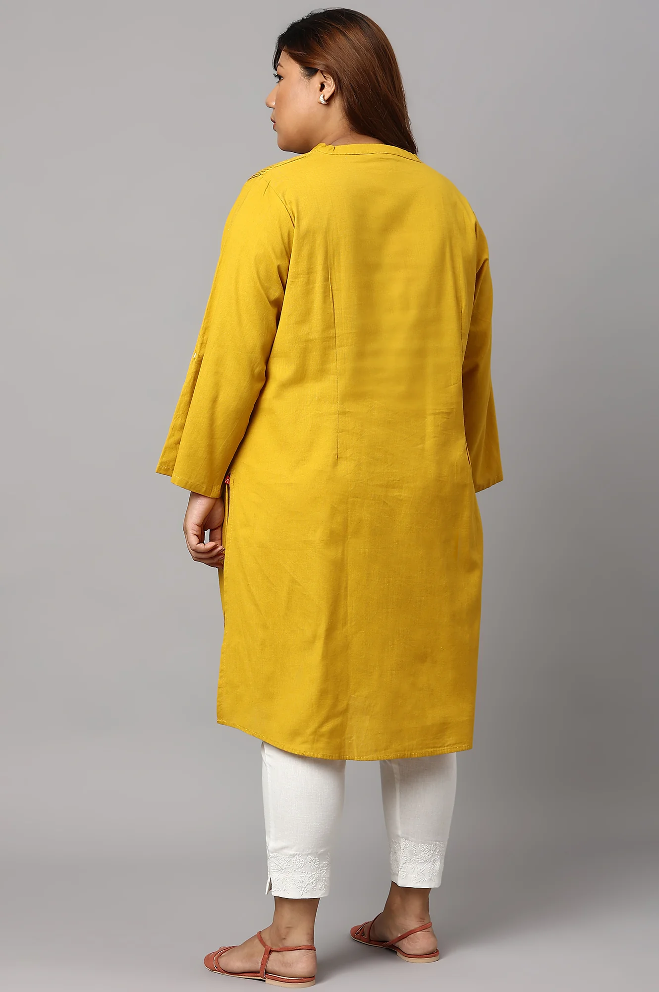 Light Yellow Half Placket Plus Size Shirt kurta - Image 2