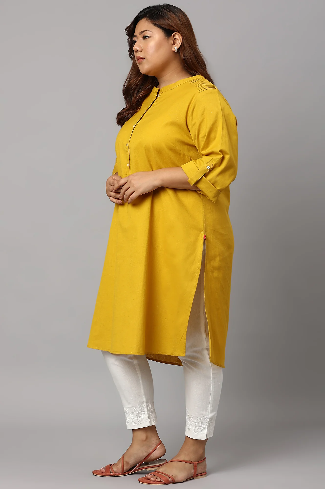Light Yellow Half Placket Plus Size Shirt kurta - Image 3