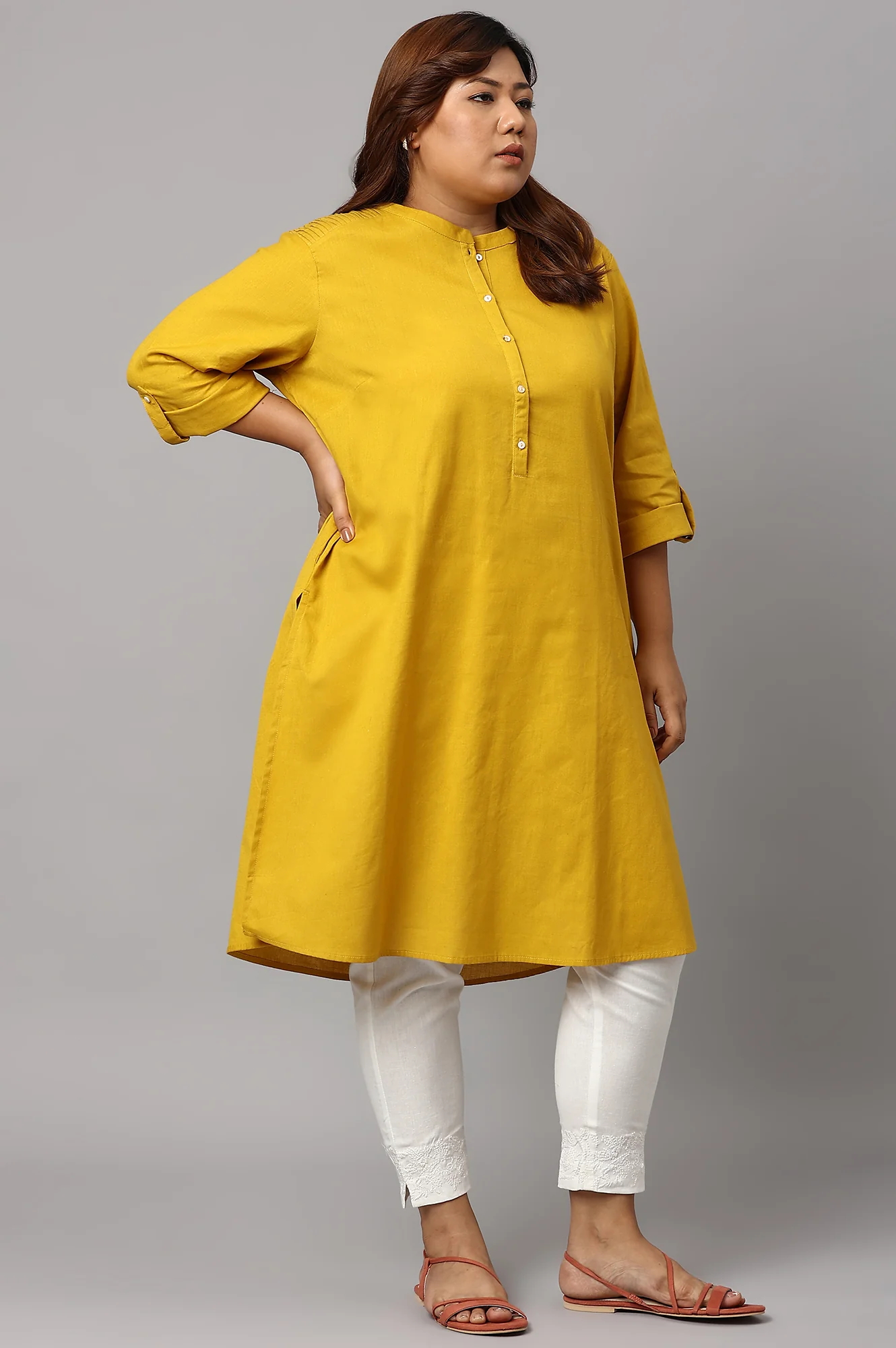 Light Yellow Half Placket Plus Size Shirt kurta - Image 4