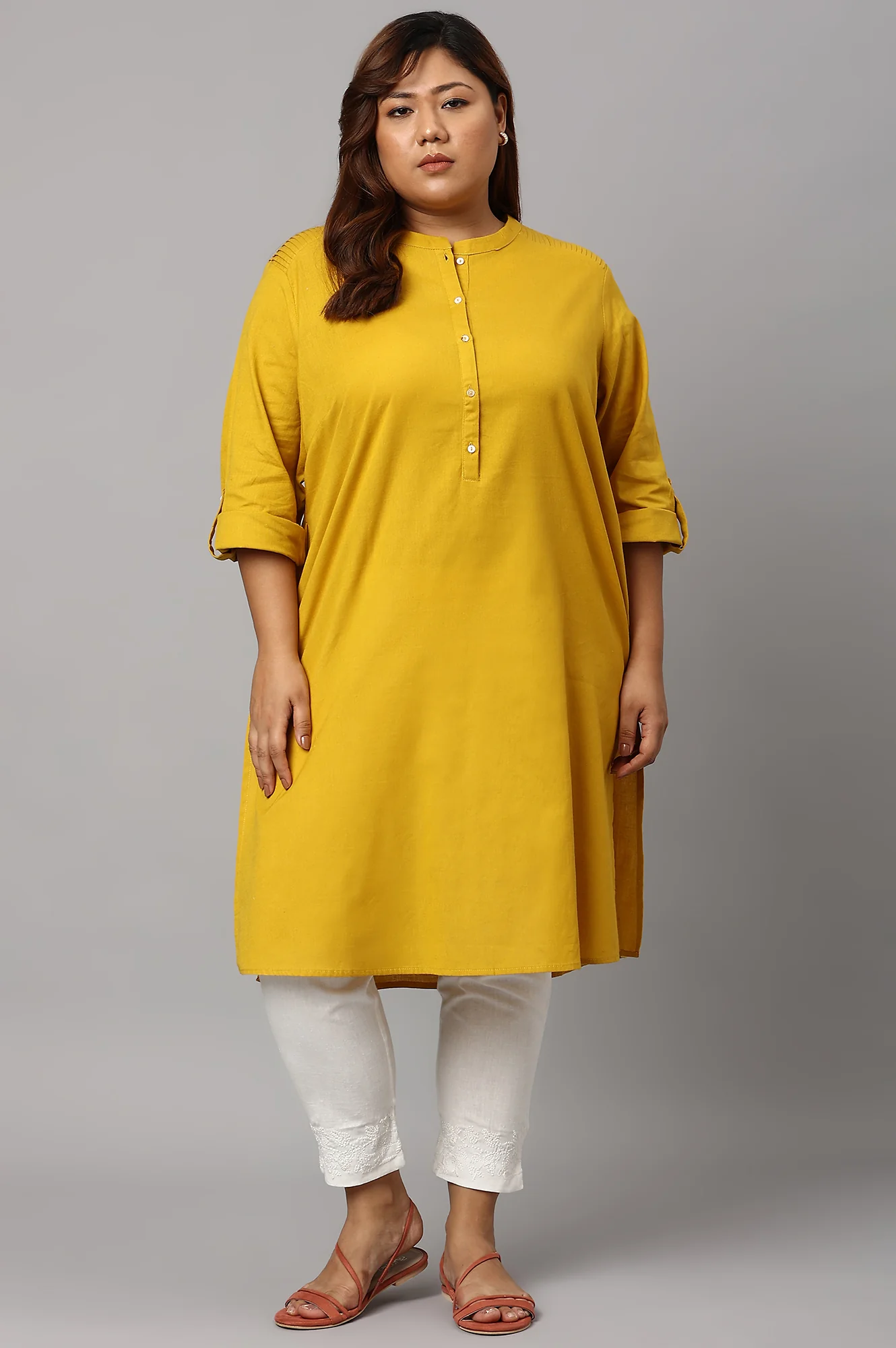 Light Yellow Half Placket Plus Size Shirt kurta - Image 6