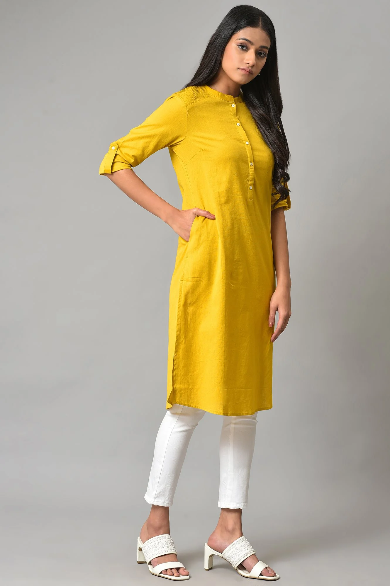 Light Yellow Half Placket Shirt kurta - Image 4