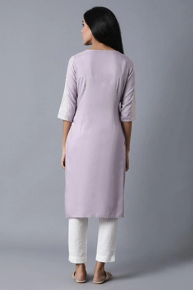 Lilac kurta With Printed Yoke - Image 2