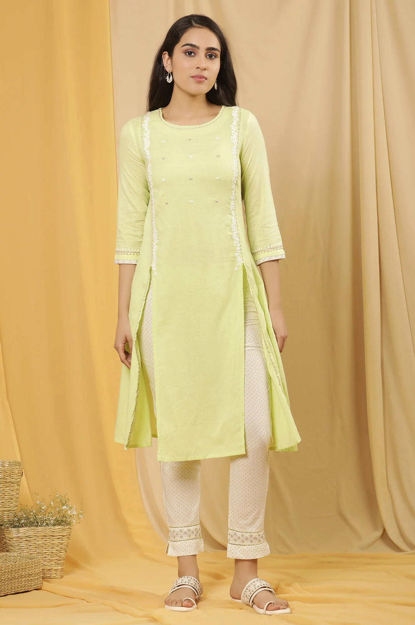 Lime Green Cottom Embroidered Kurta And Pants Set - Image 2