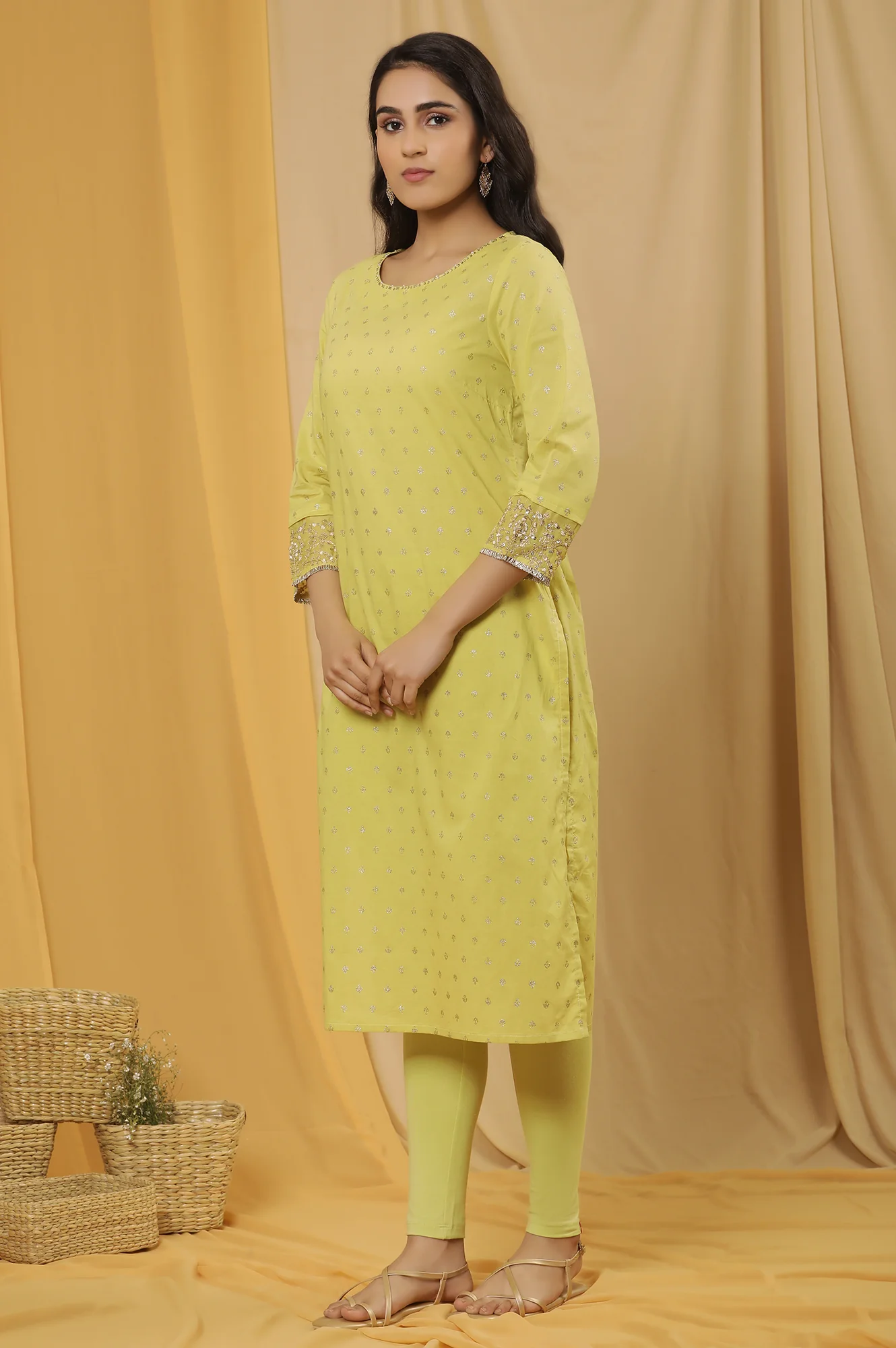 Lime Yellow Embroidered Kurta, Tights And Dupatta Set - Image 3