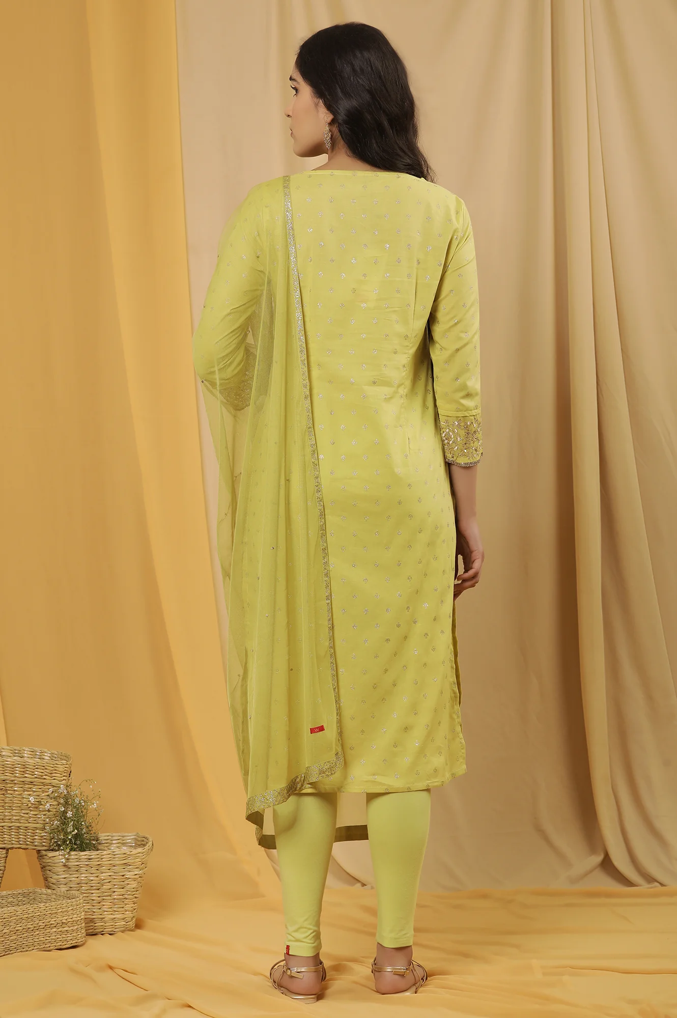 Lime Yellow Embroidered Kurta, Tights And Dupatta Set - Image 4