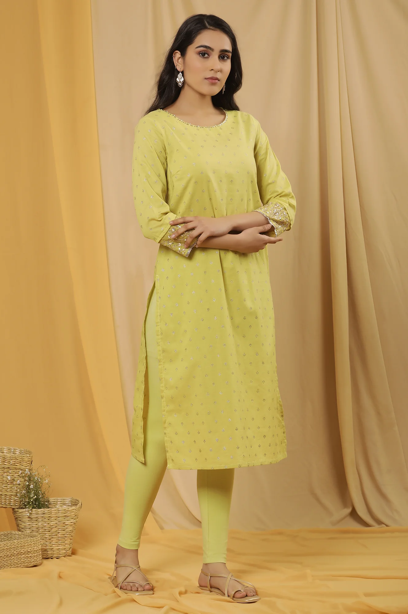 Lime Yellow Embroidered Kurta, Tights And Dupatta Set - Image 5