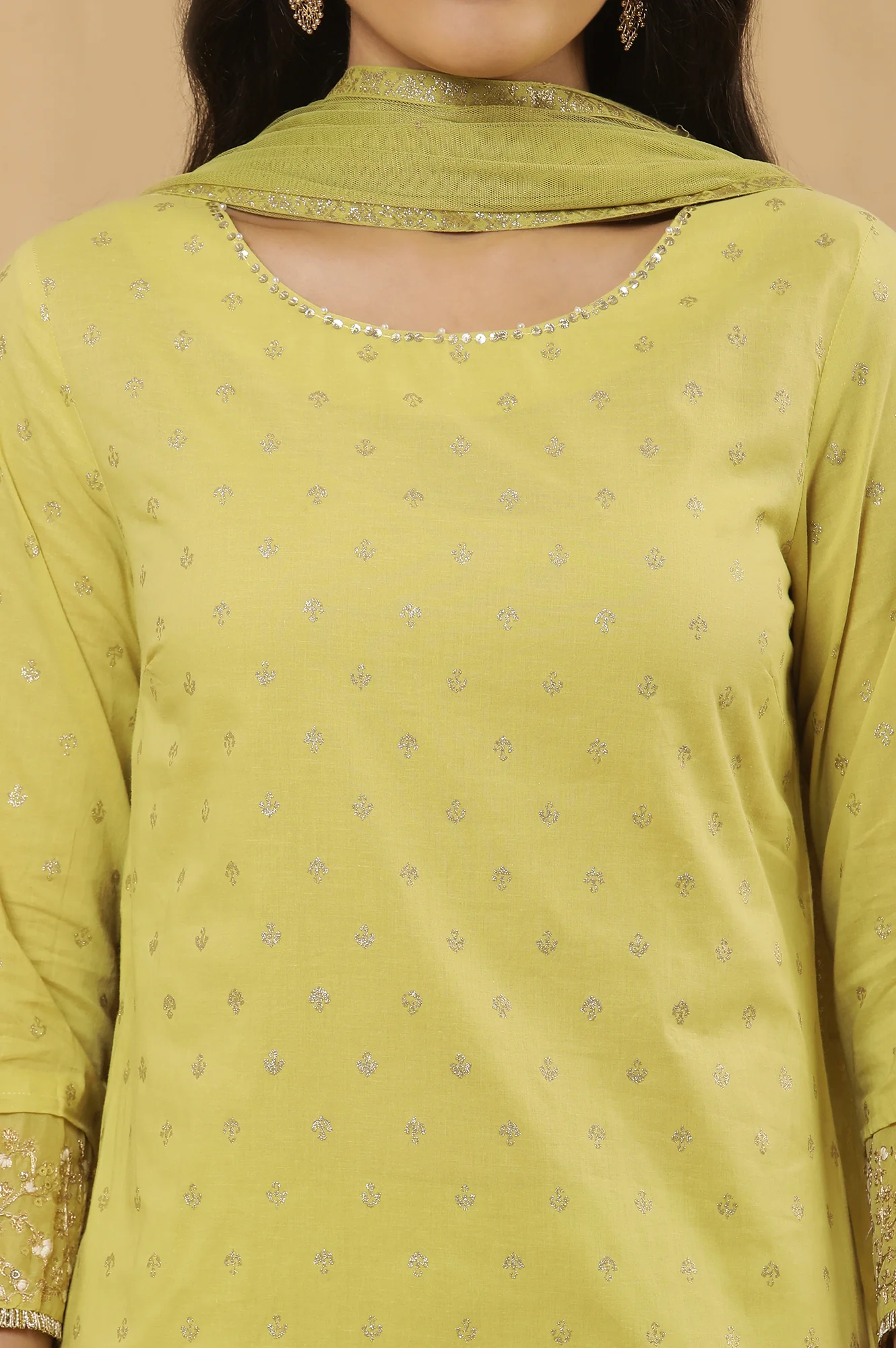 Lime Yellow Embroidered Kurta, Tights And Dupatta Set - Image 6