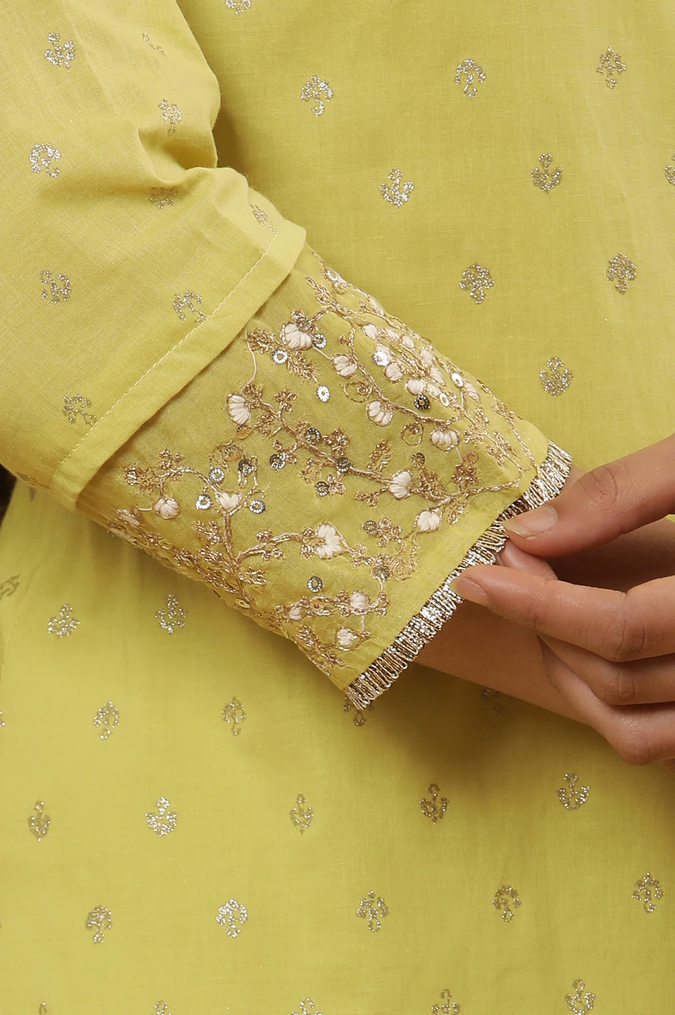 Lime Yellow Embroidered Kurta, Tights And Dupatta Set - Image 7