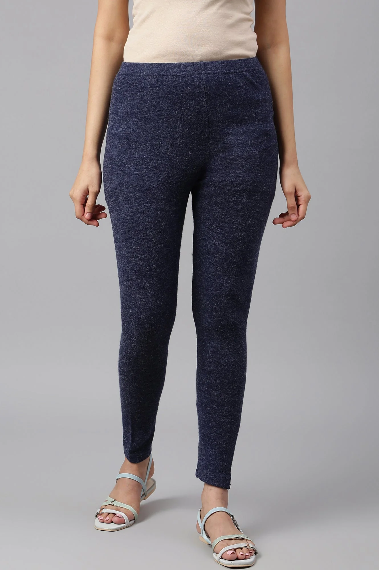 Elleven Women's Navy Blue Solid Skinny-fit Knit Tights with Elasticated Waistband