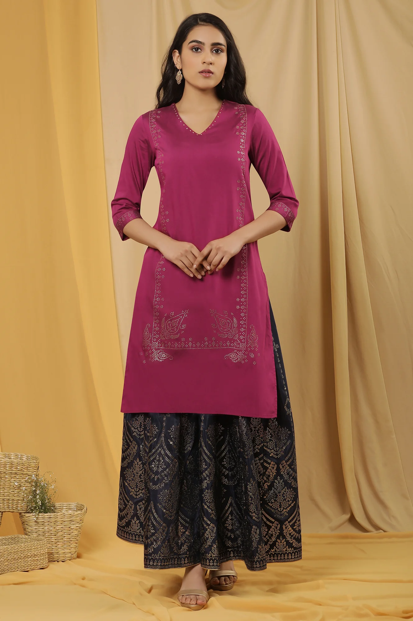 Magenta Mukaish Kurta And Printed Skirt Set - Image 2