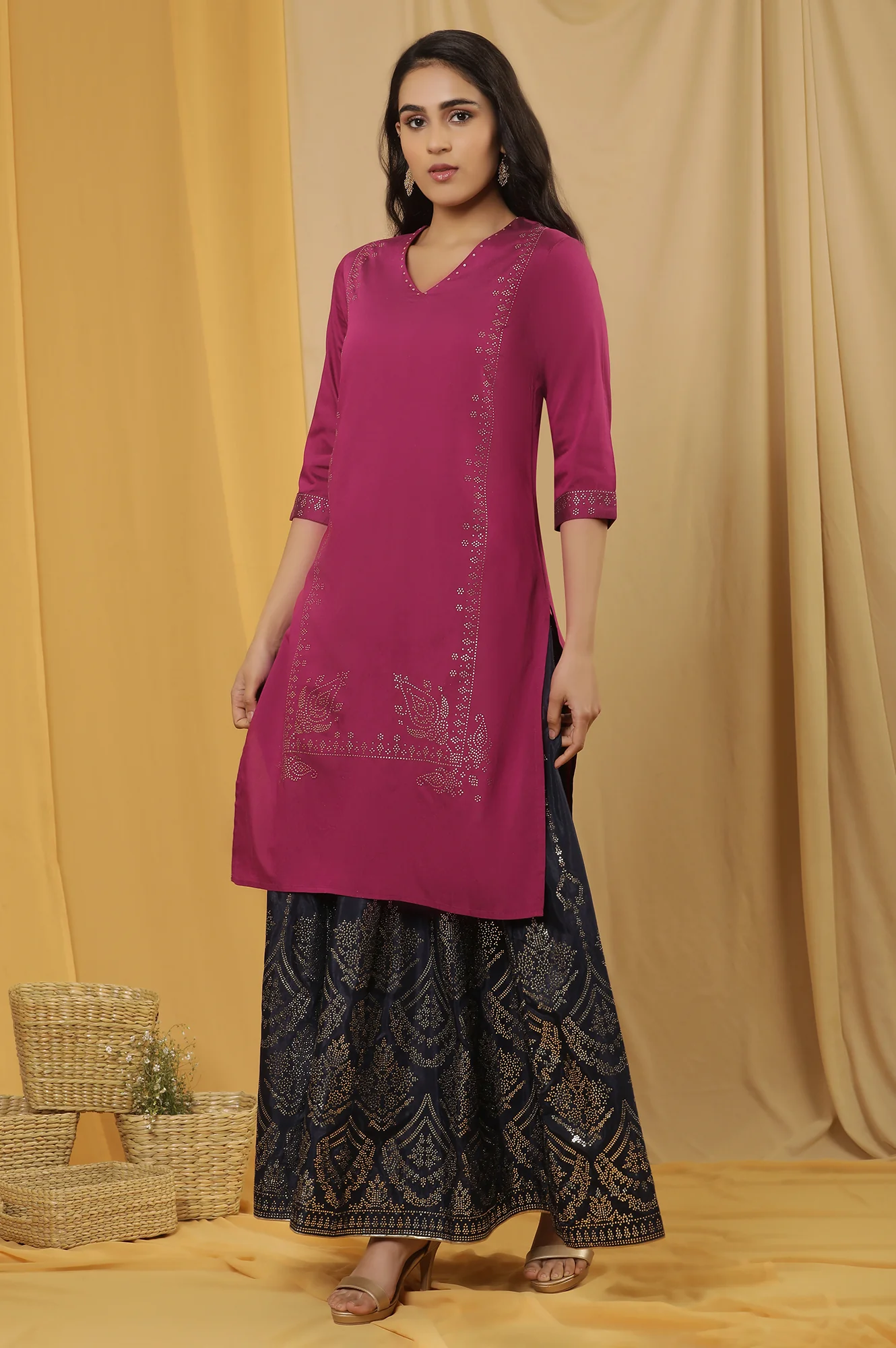 Magenta Mukaish Kurta And Printed Skirt Set - Image 3