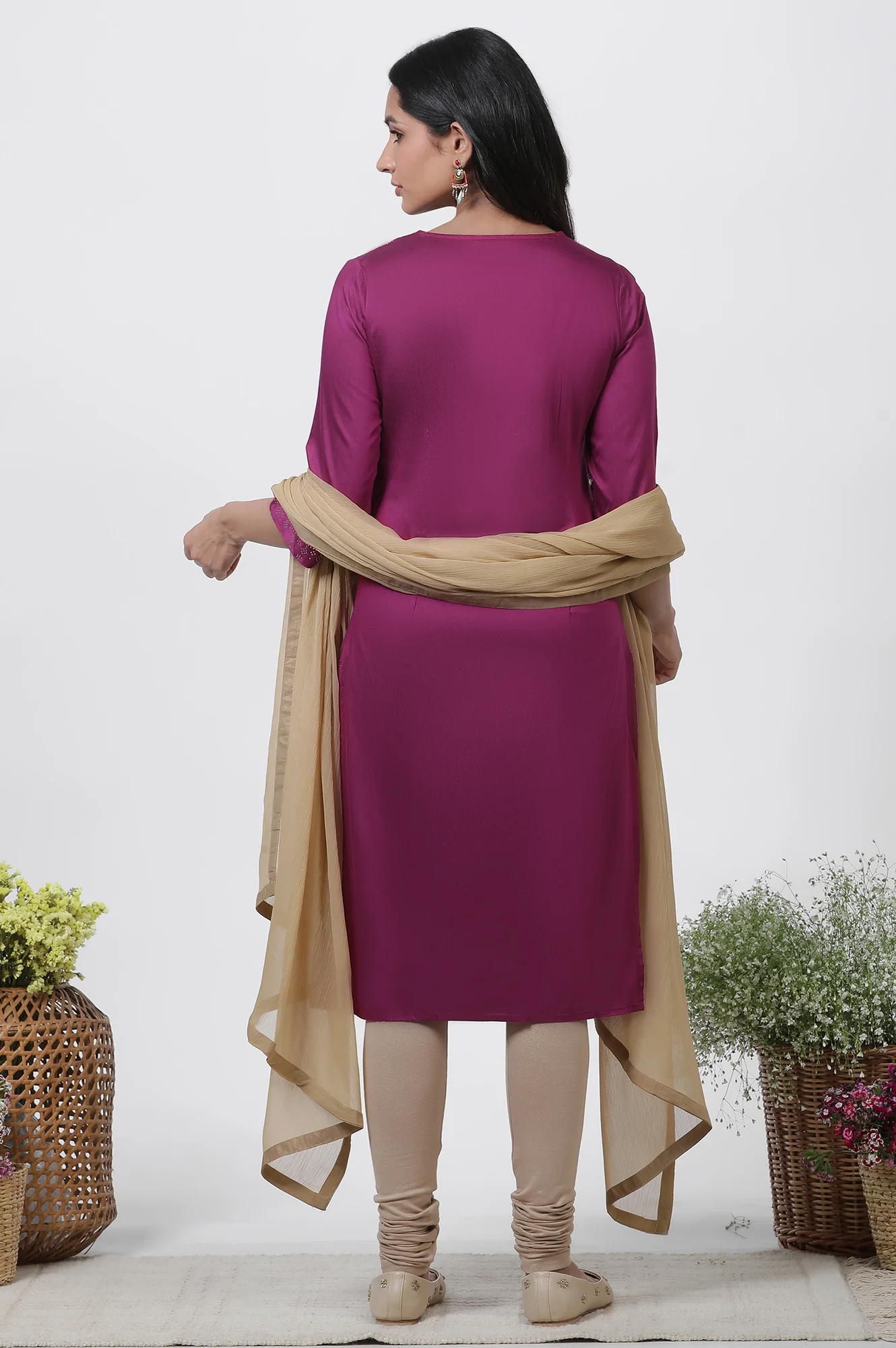 Magenta Mukaish Straight Kurta, Churidar And Dupatta Set - Image 4