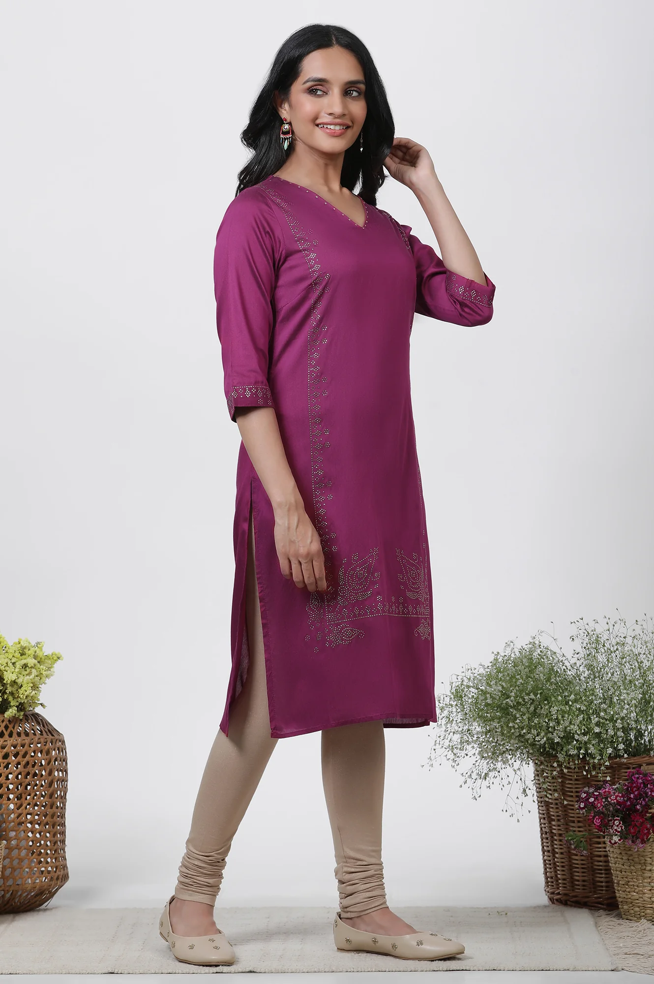 Magenta Mukaish Straight Kurta, Churidar And Dupatta Set - Image 5