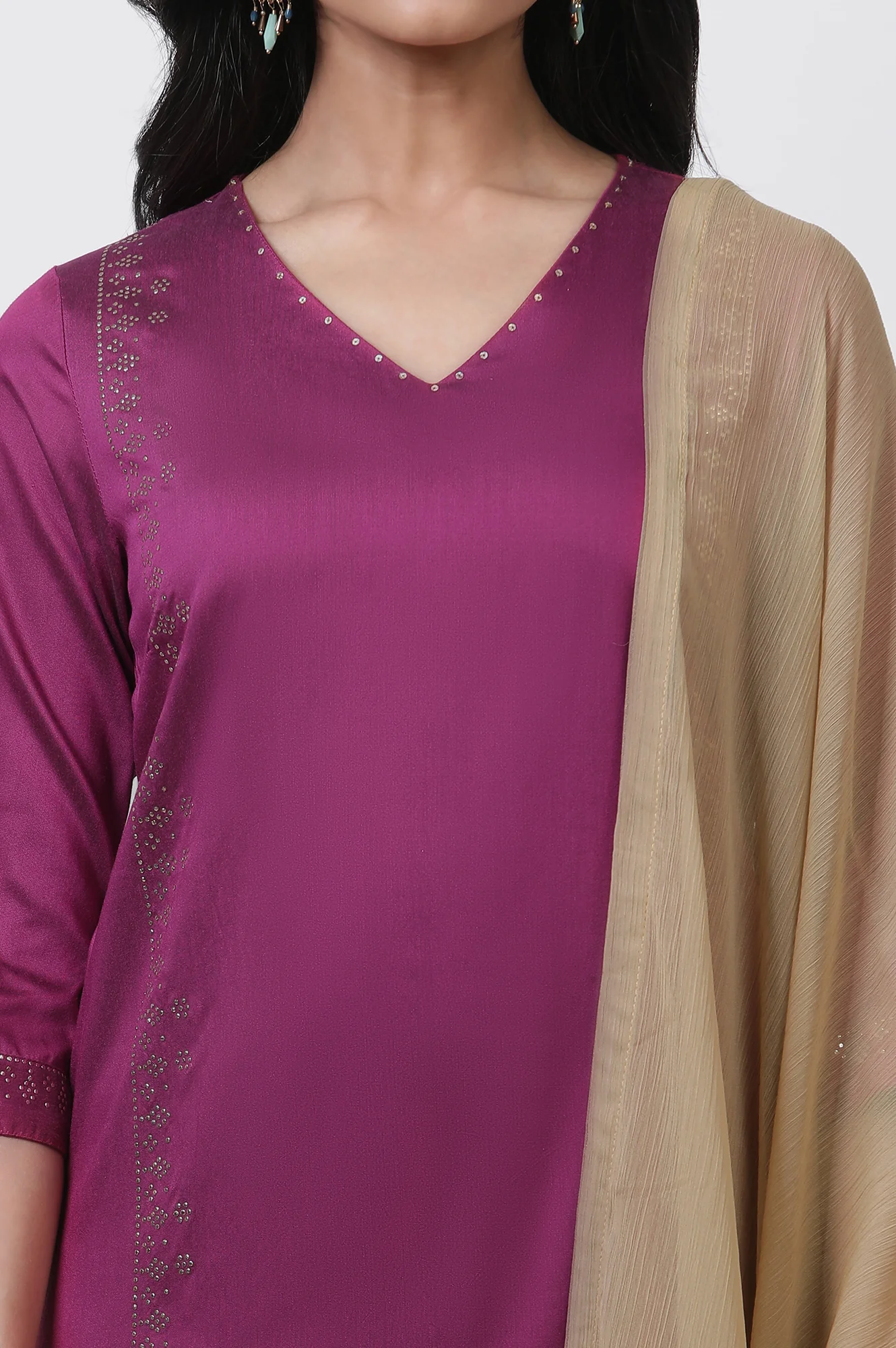 Magenta Mukaish Straight Kurta, Churidar And Dupatta Set - Image 6