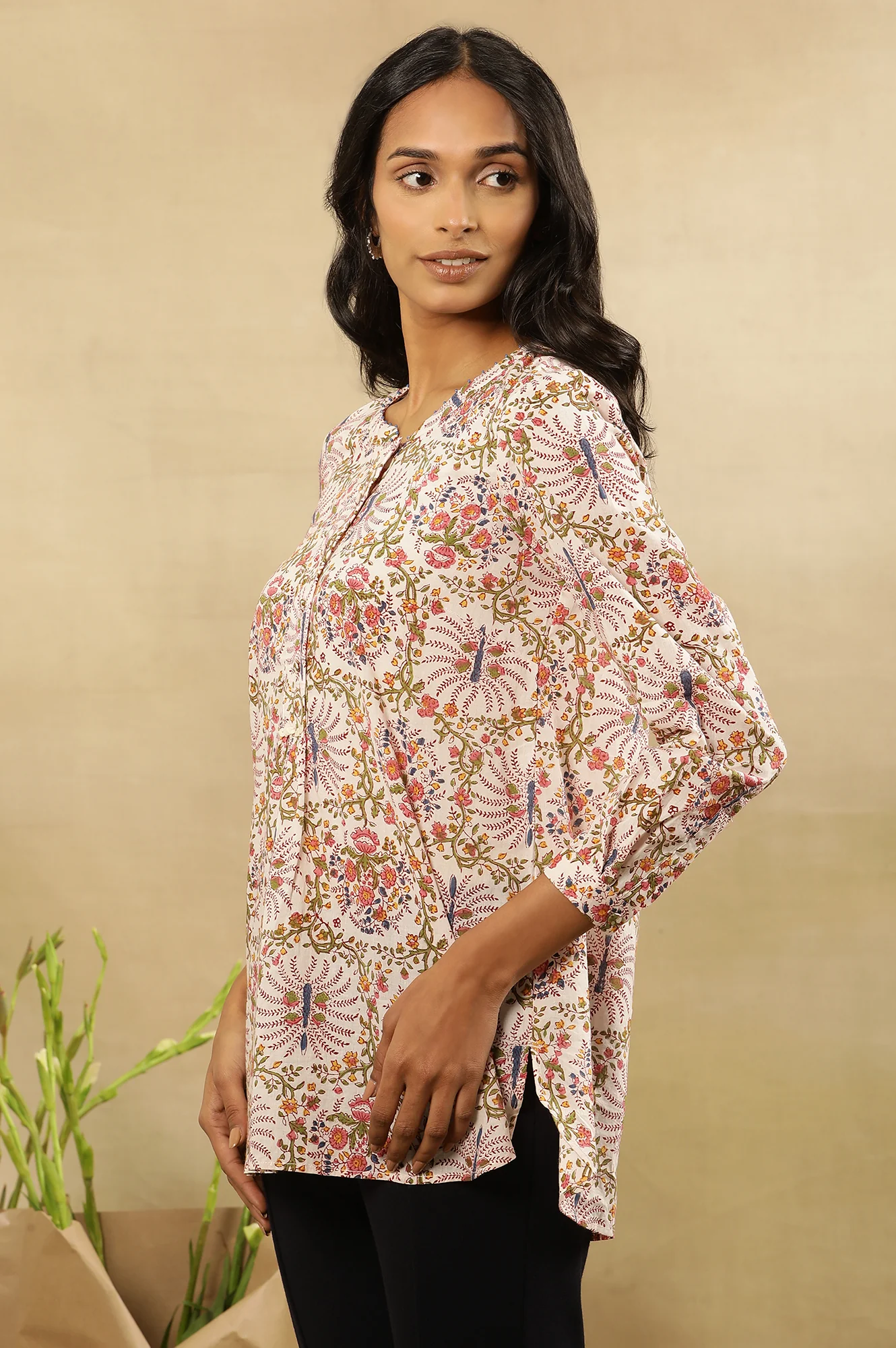 Mandarin Collar Multicolured Block Print Top - Image 2