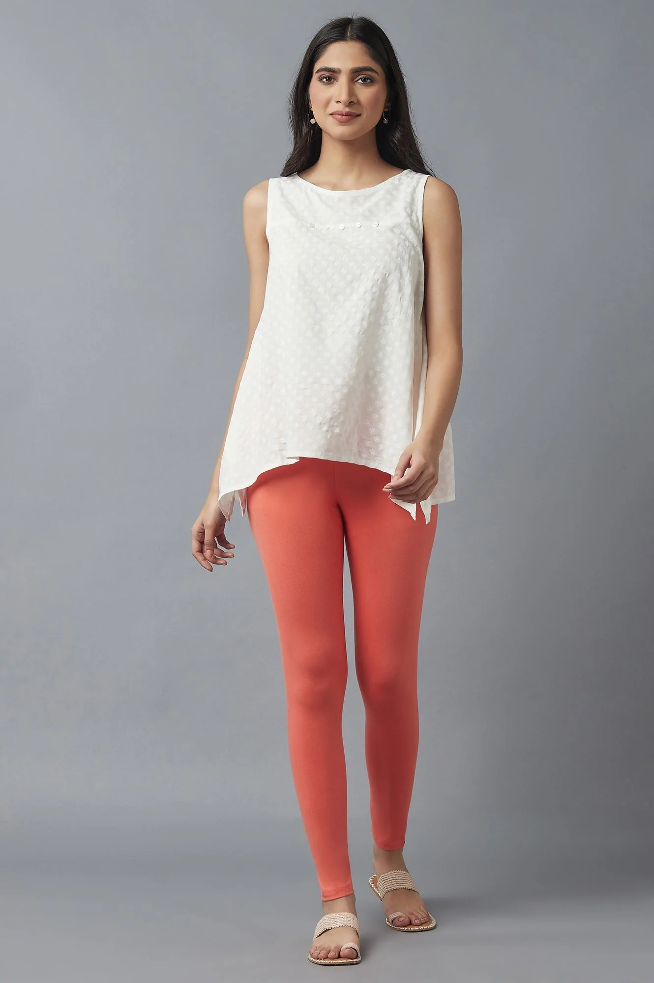 Elleven Women's Peach Solid Skinny Cotton High Waisted Tights - Image 5