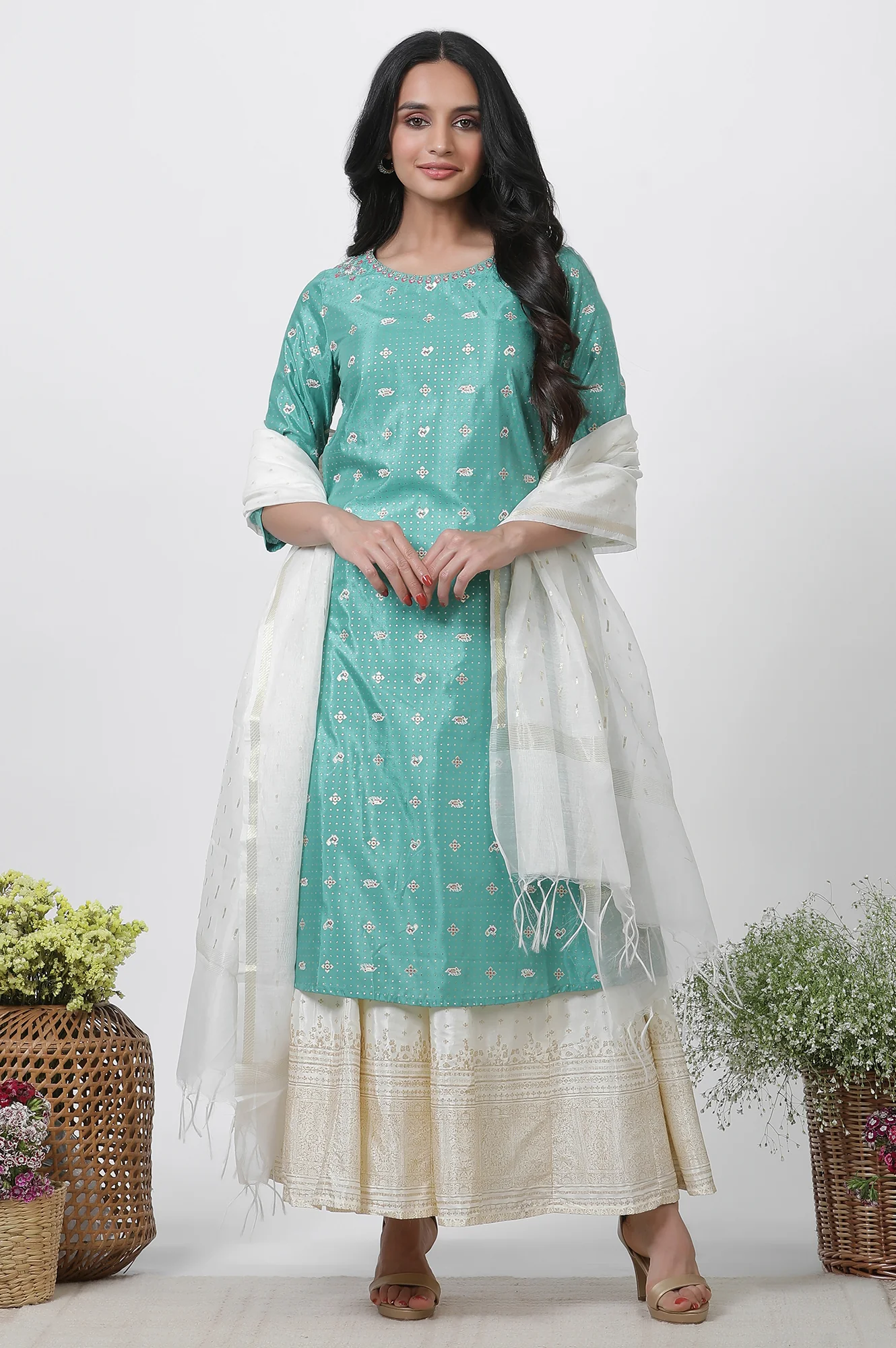 Marine Green A-Line Glitter Printed Kurta, Pants And Dupatta Set - Image 2