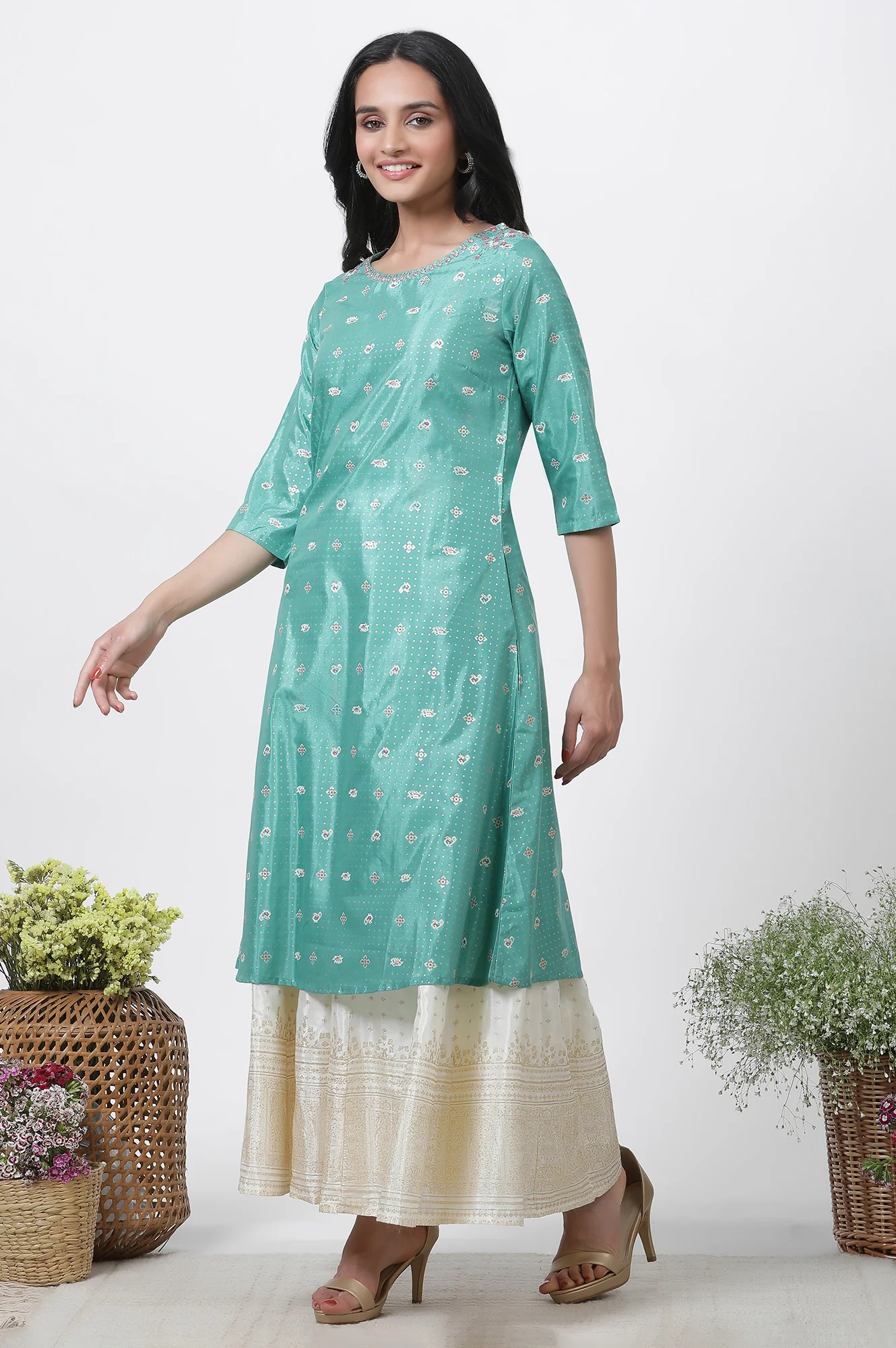 Marine Green A-Line Glitter Printed Kurta, Pants And Dupatta Set - Image 3