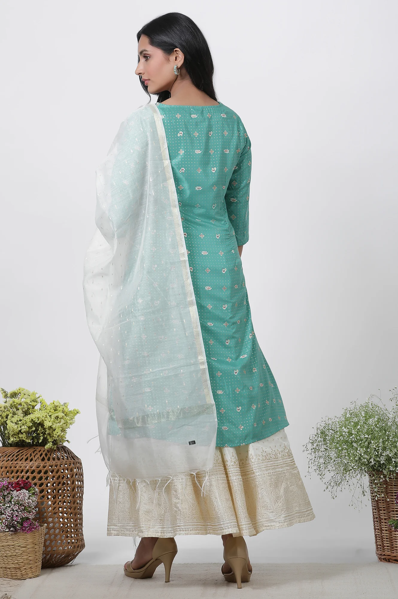 Marine Green A-Line Glitter Printed Kurta, Pants And Dupatta Set - Image 4