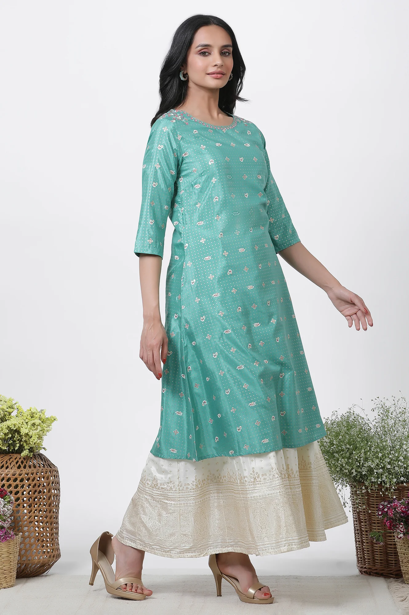 Marine Green A-Line Glitter Printed Kurta, Pants And Dupatta Set - Image 5