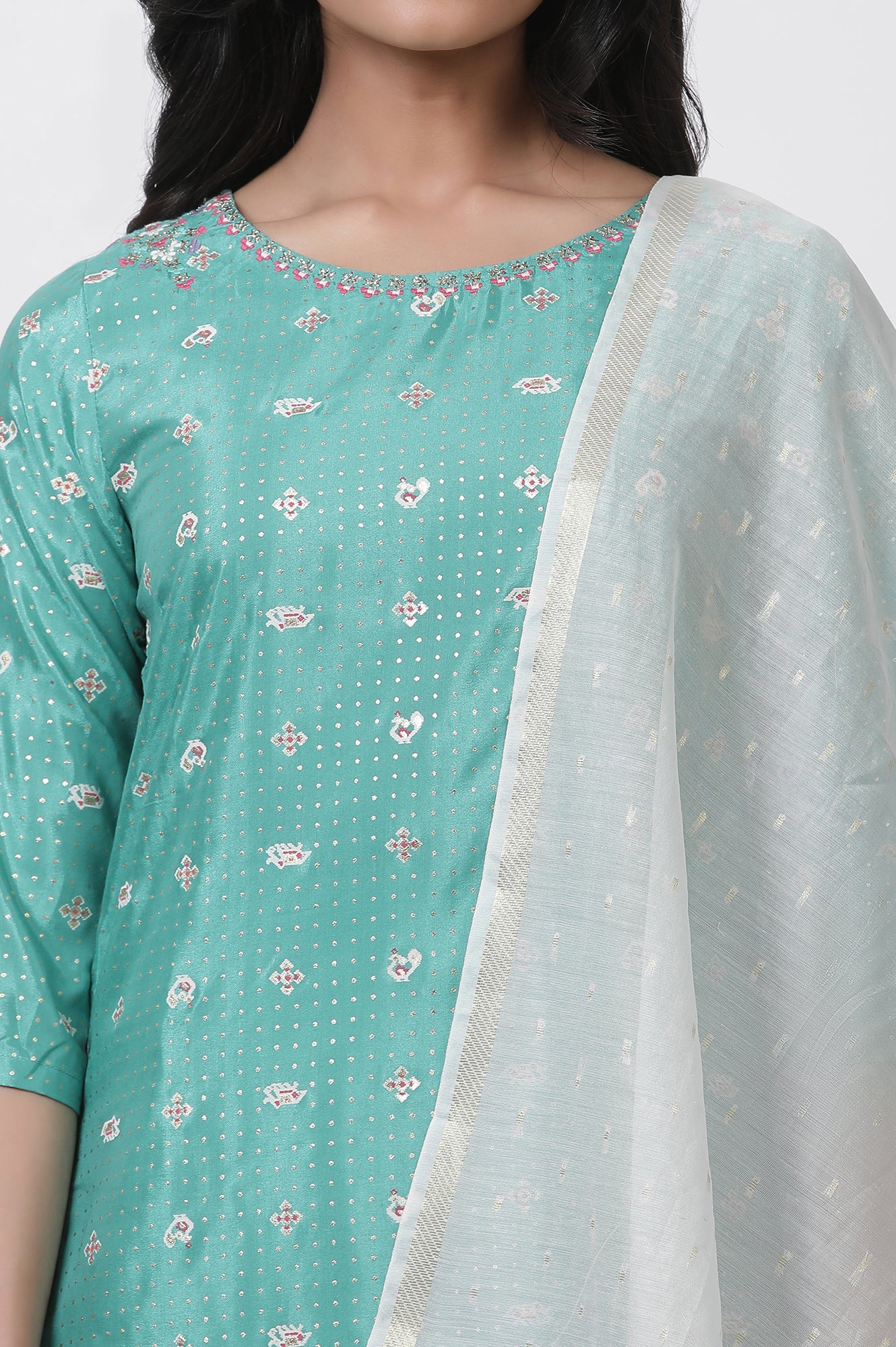 Marine Green A-Line Glitter Printed Kurta, Pants And Dupatta Set - Image 6
