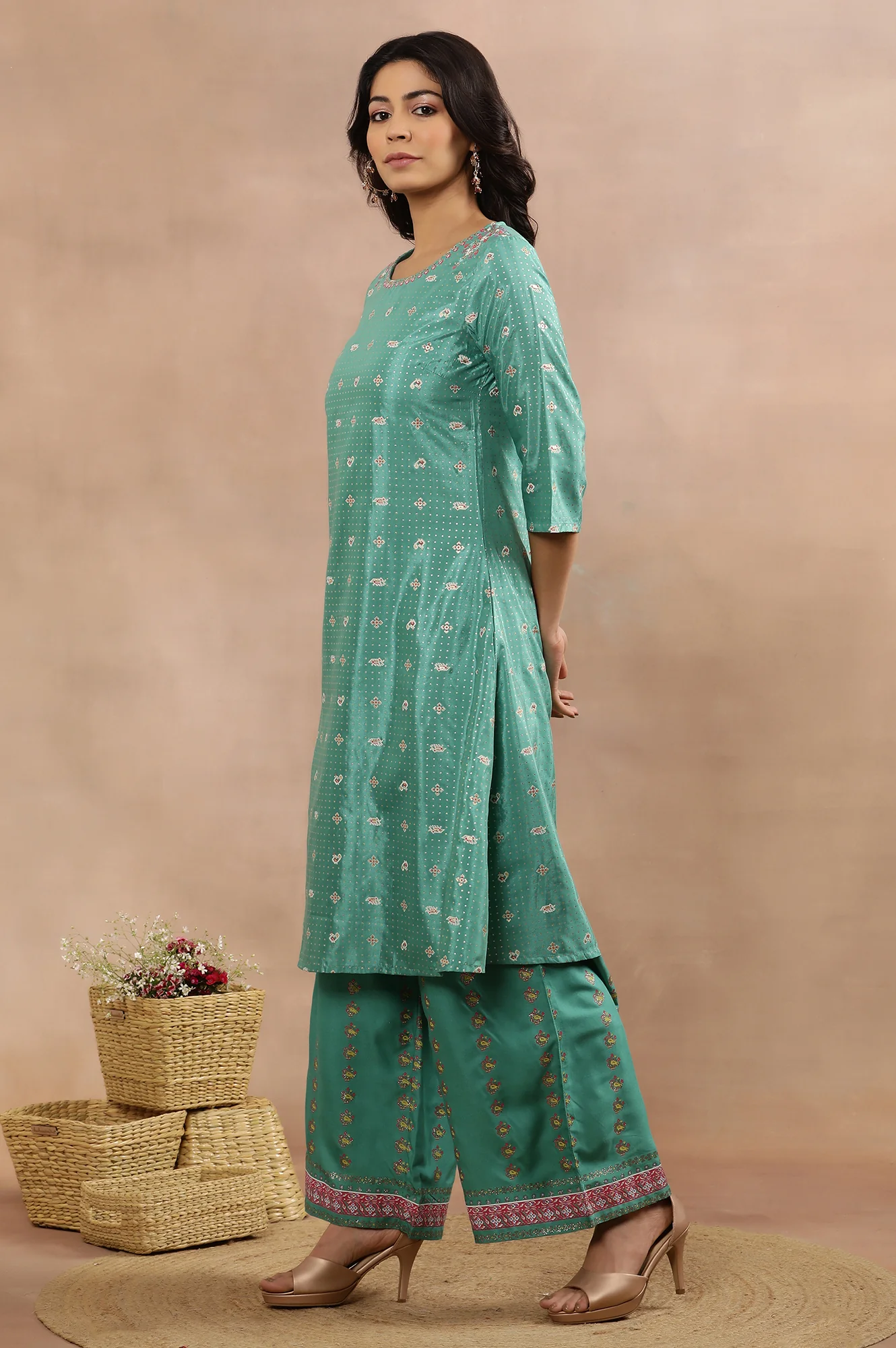 Marine Green A-Line Printed Kurta, Pants And Dupatta Set - Image 3