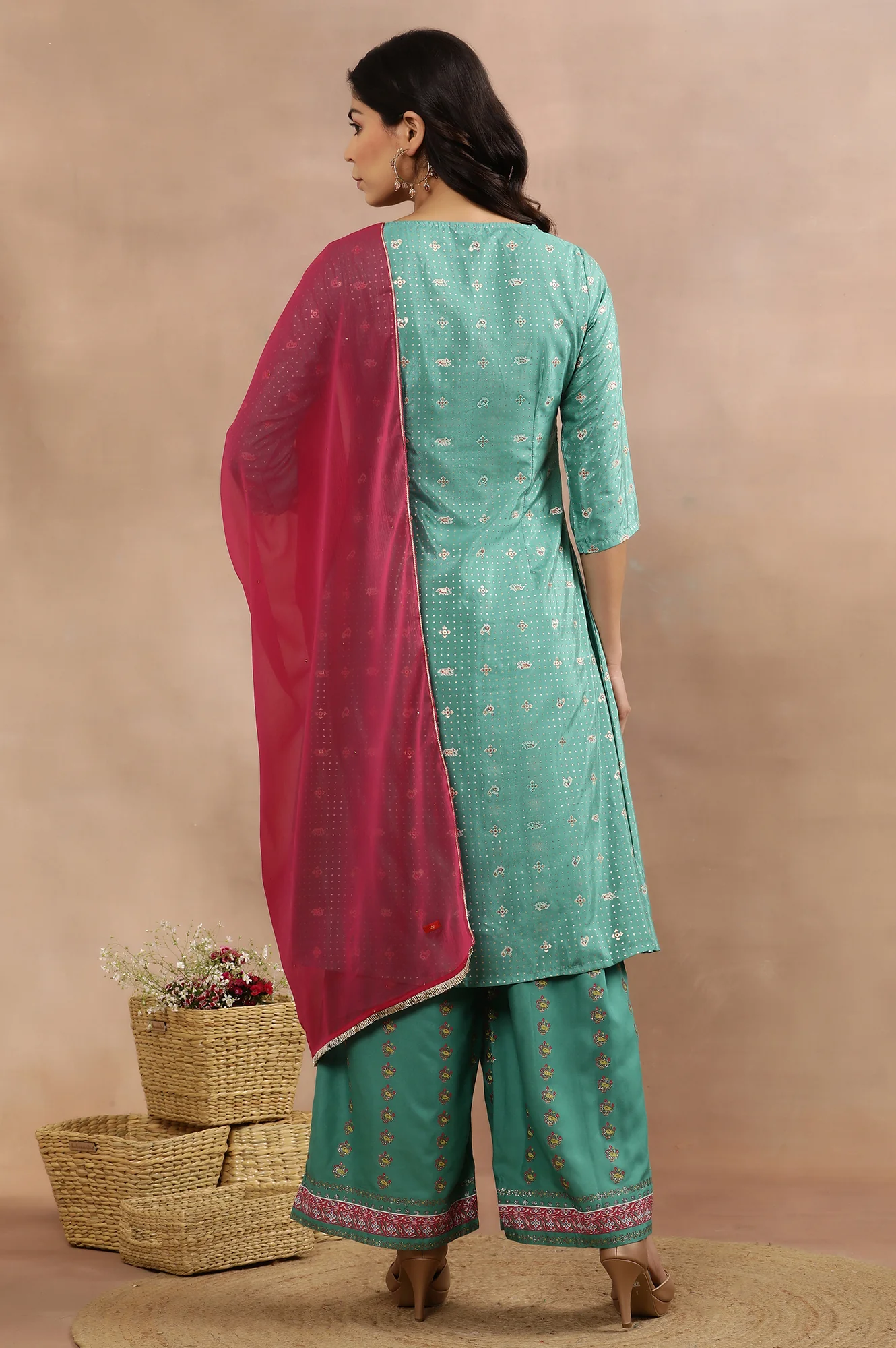 Marine Green A-Line Printed Kurta, Pants And Dupatta Set - Image 4