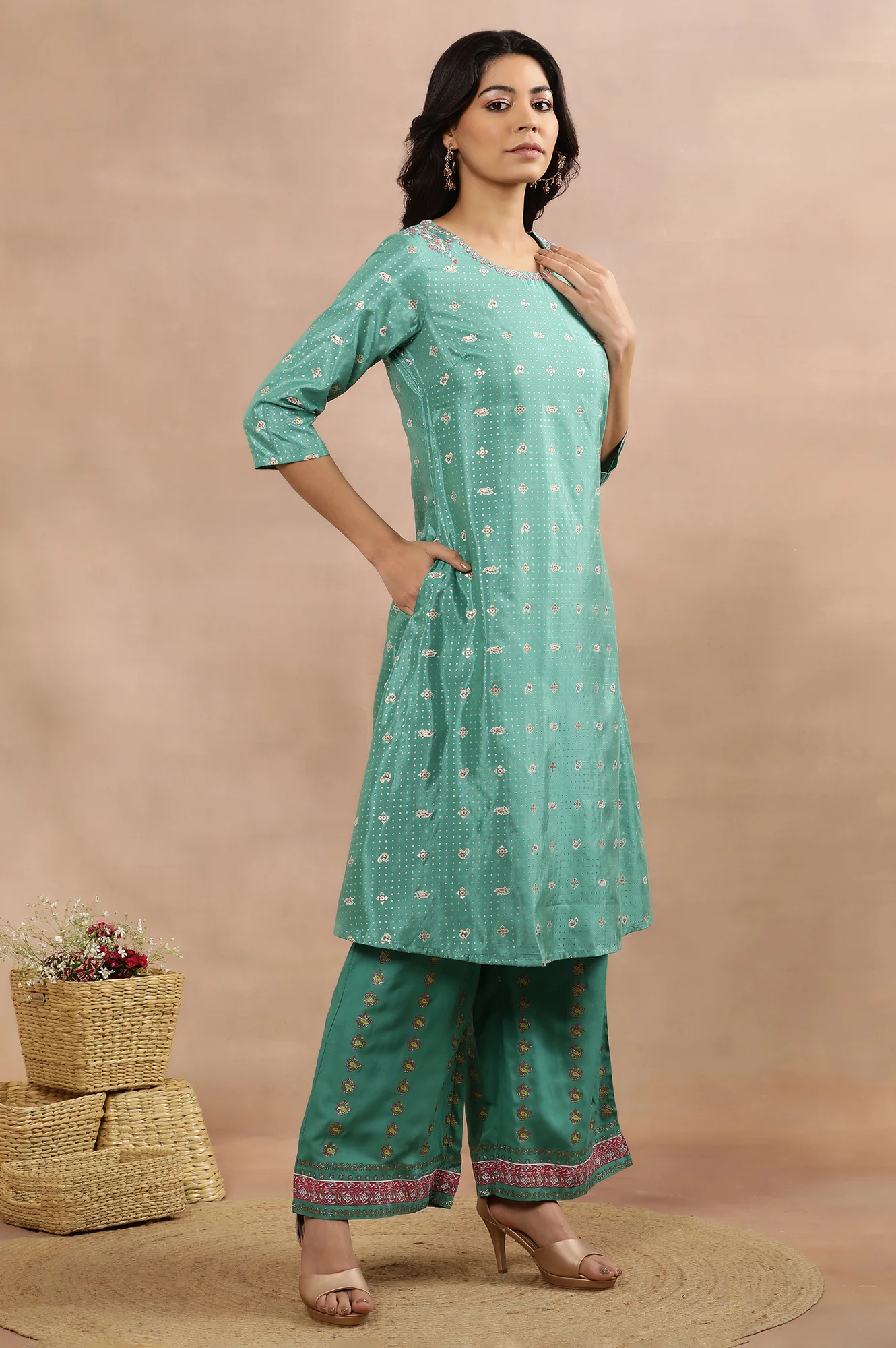 Marine Green A-Line Printed Kurta, Pants And Dupatta Set - Image 5