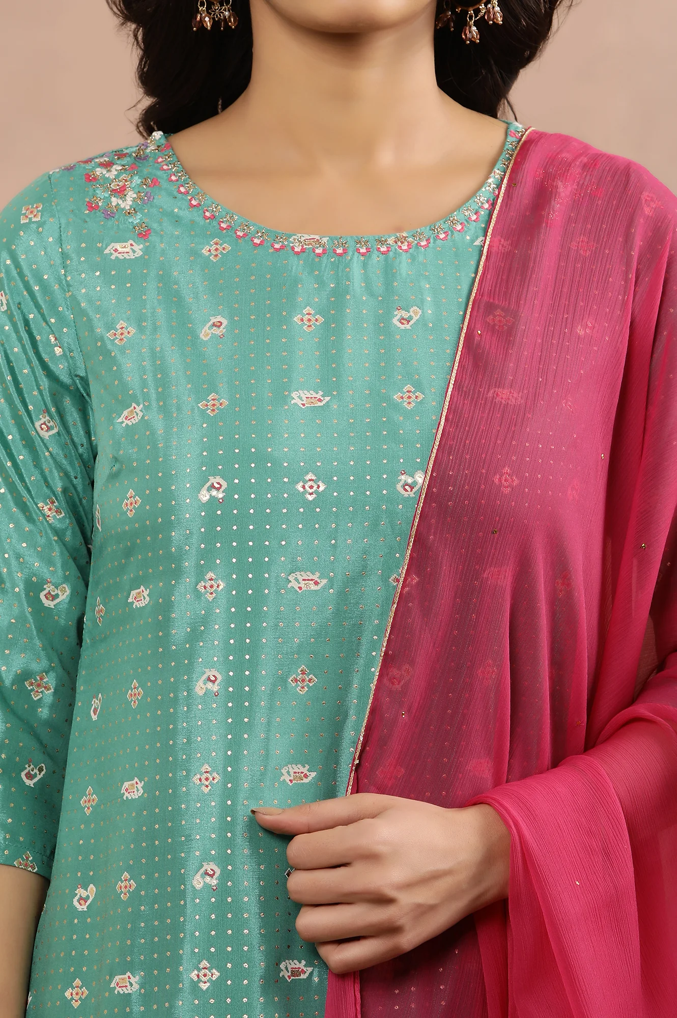 Marine Green A-Line Printed Kurta, Pants And Dupatta Set - Image 6