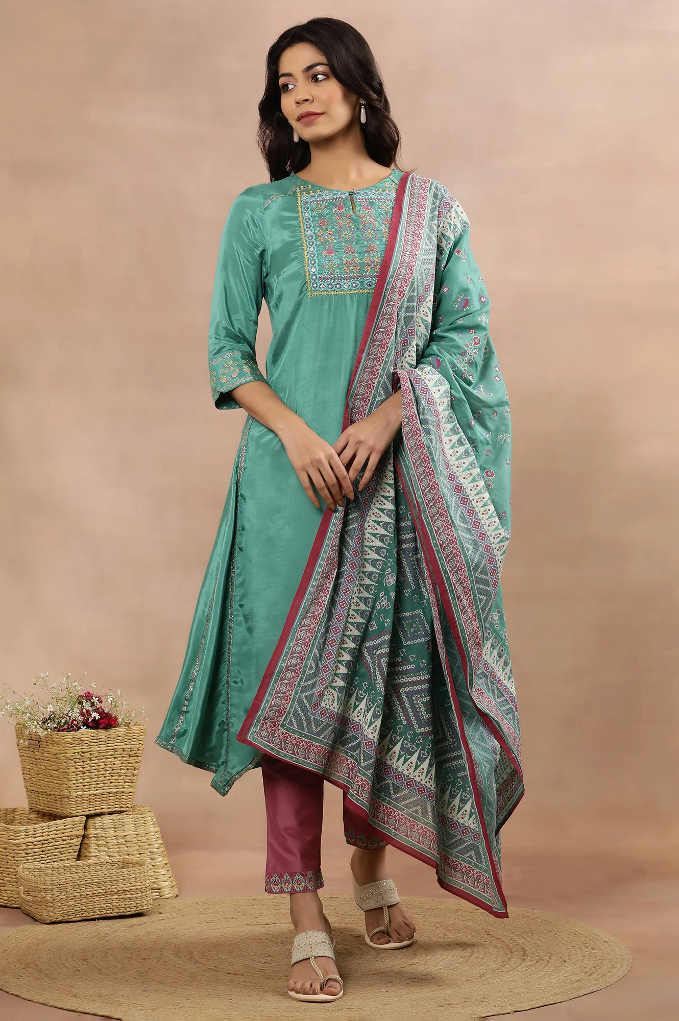 Marine Green Asymmetrical Kurta, Slim Pants And Dupatta Set - Image 2