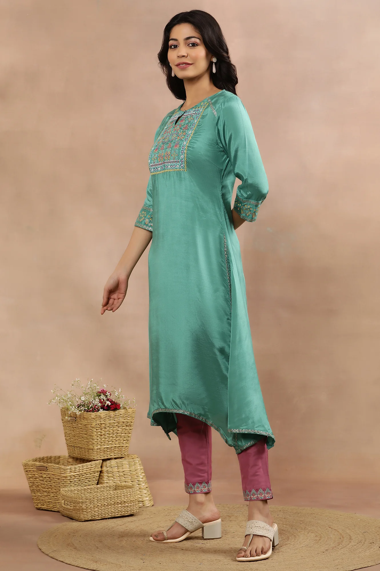Marine Green Asymmetrical Kurta, Slim Pants And Dupatta Set - Image 3