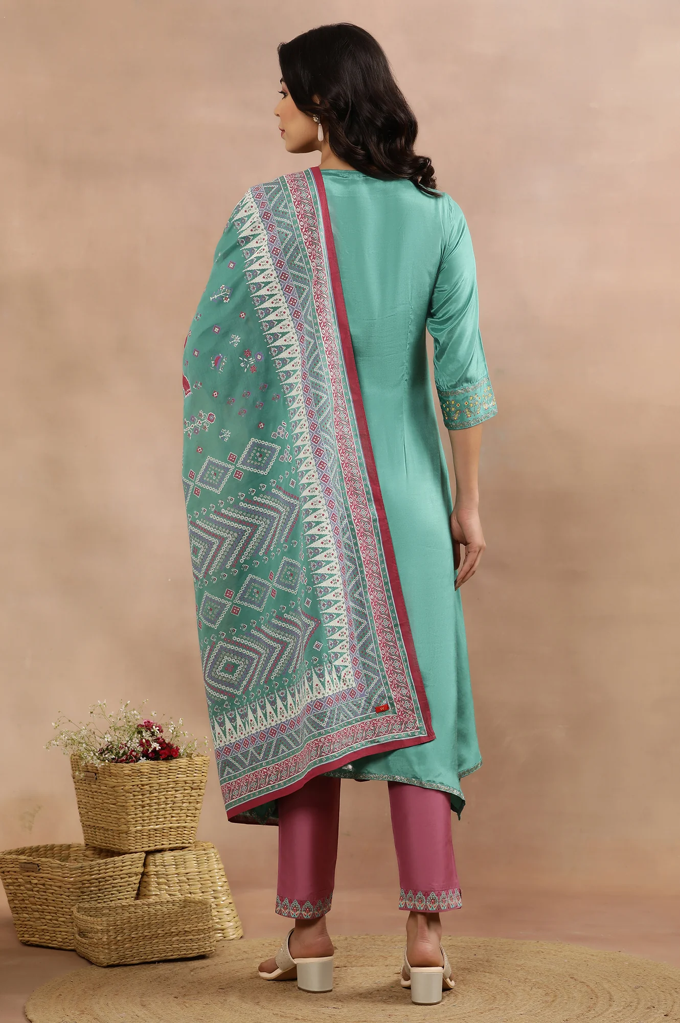Marine Green Asymmetrical Kurta, Slim Pants And Dupatta Set - Image 4