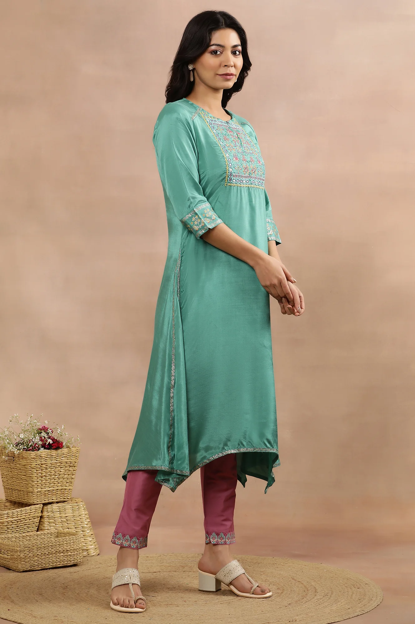 Marine Green Asymmetrical Kurta, Slim Pants And Dupatta Set - Image 5