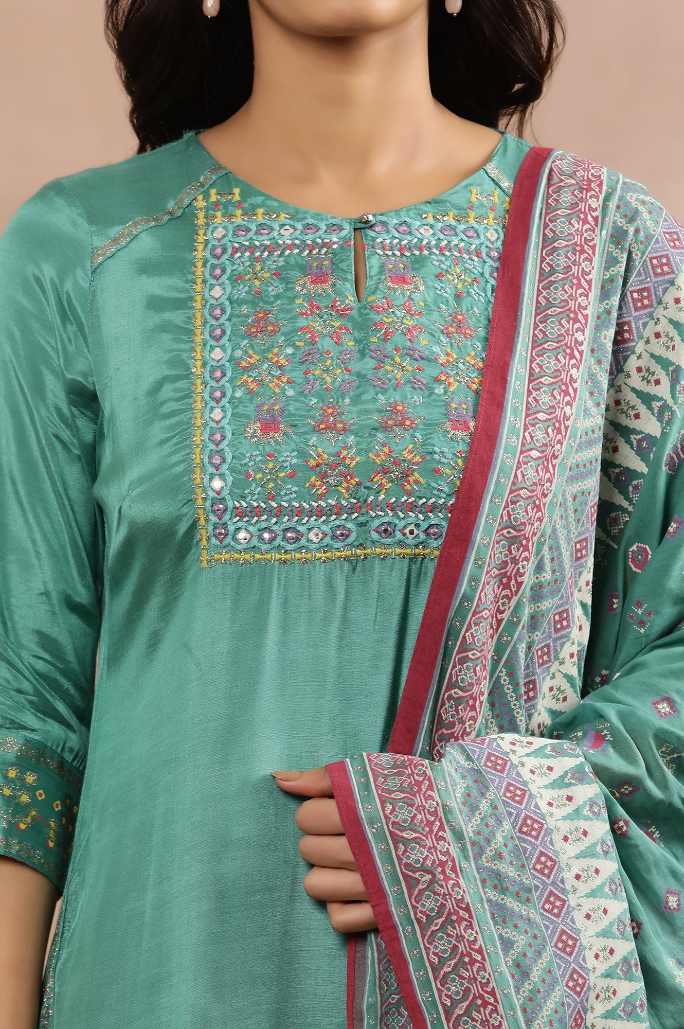 Marine Green Asymmetrical Kurta, Slim Pants And Dupatta Set - Image 6