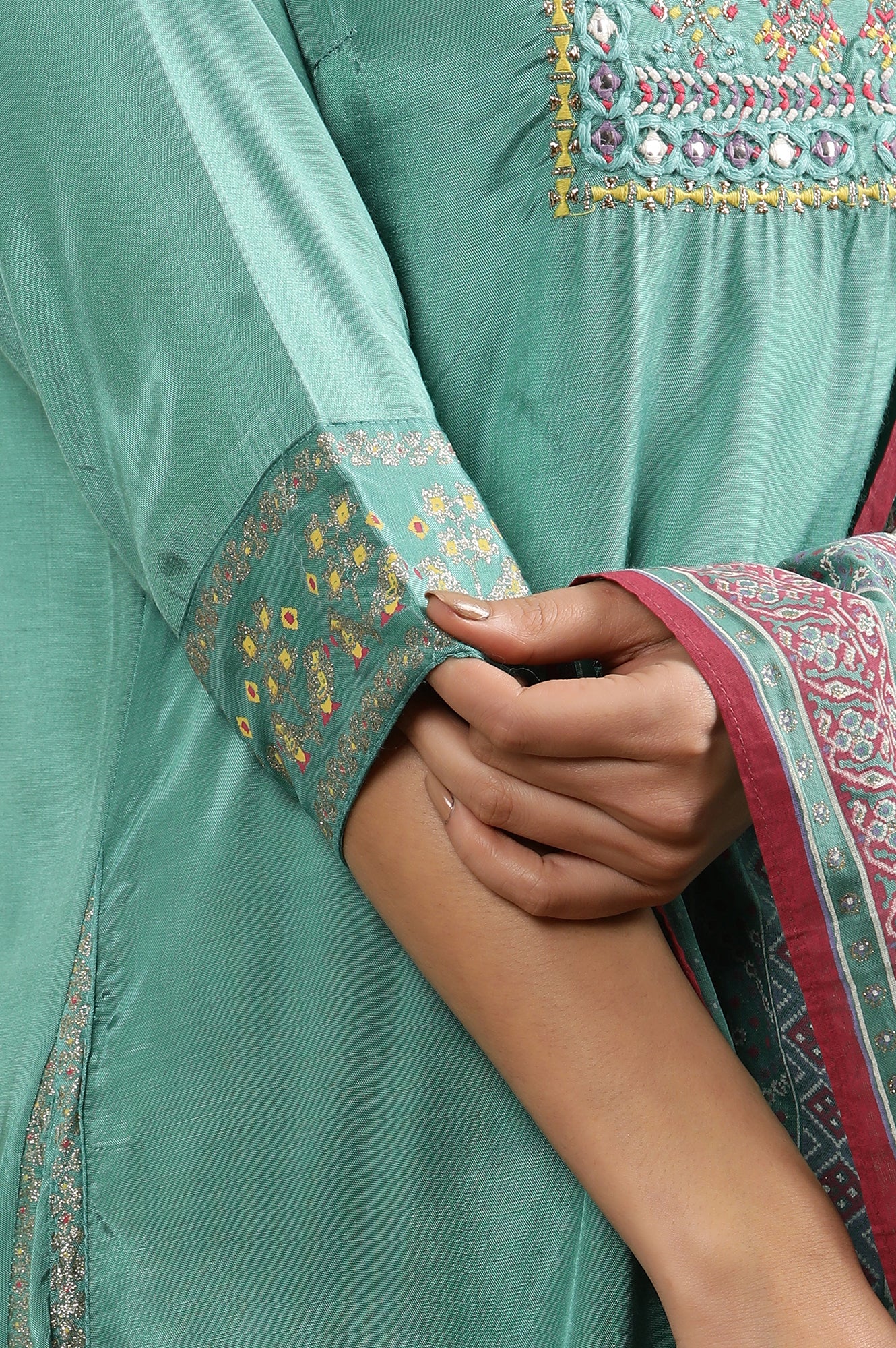 Marine Green Asymmetrical Kurta, Slim Pants And Dupatta Set - Image 7