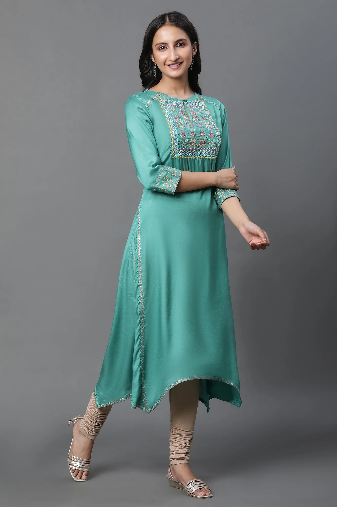 Marine Green Embroidered Asymmetrical Kurta, Churidar And Dupatta Set - Image 5