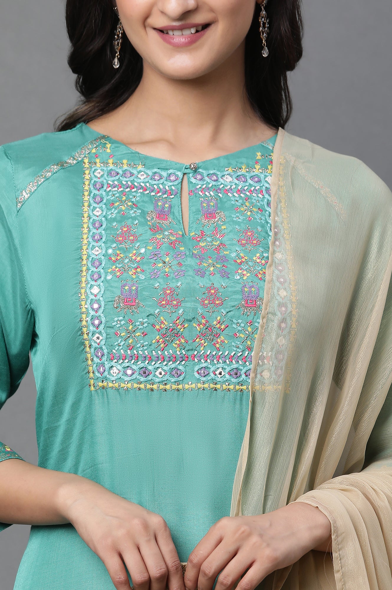 Marine Green Embroidered Asymmetrical Kurta, Churidar And Dupatta Set - Image 6
