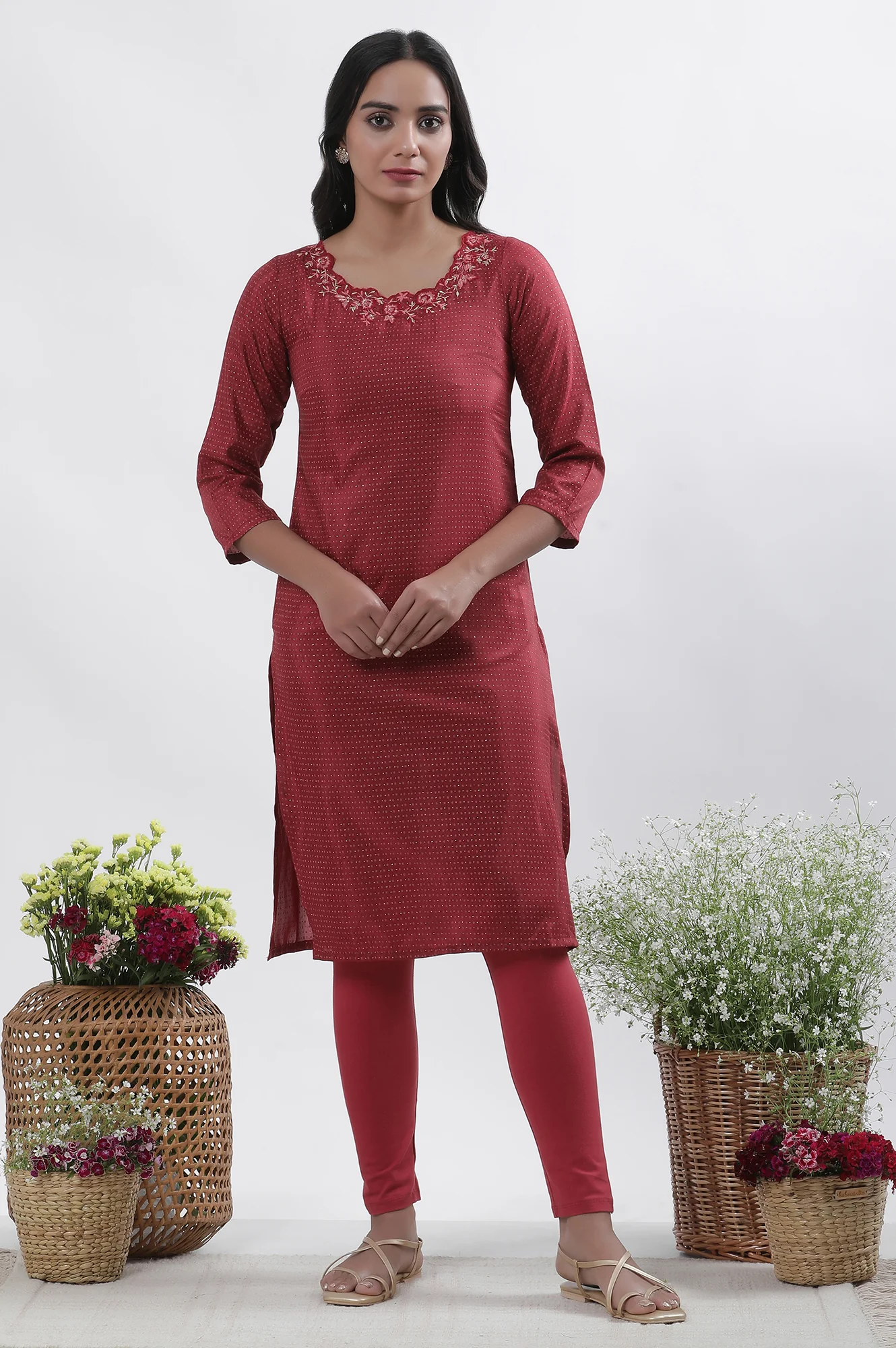 Maroon Embroidered Kurta Tights And Dupatta Set - Image 2