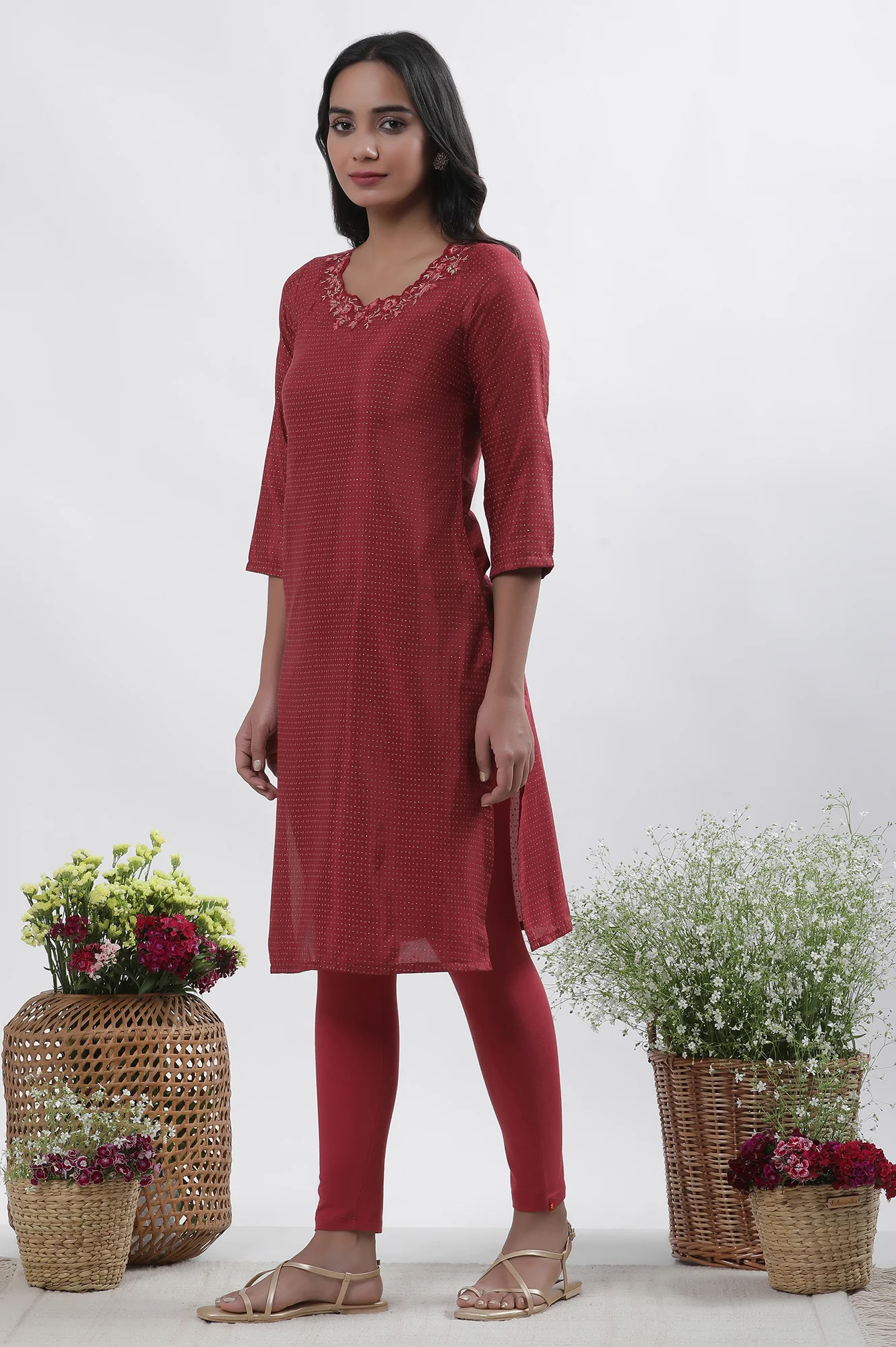 Maroon Embroidered Kurta Tights And Dupatta Set - Image 3