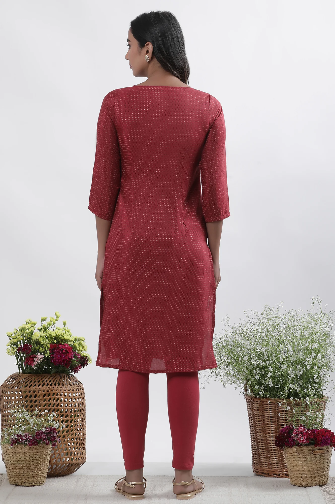 Maroon Embroidered Kurta Tights And Dupatta Set - Image 4